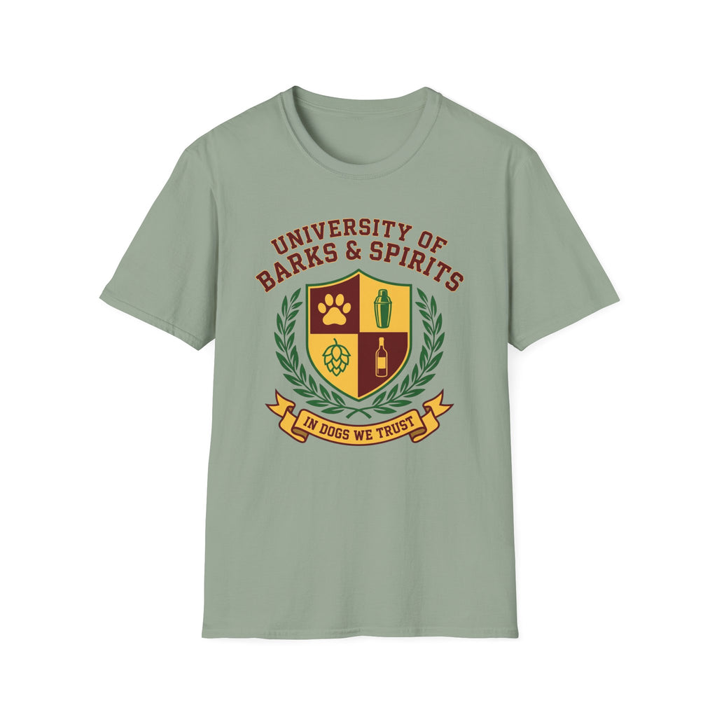 University of Barks & Spirits T-Shirt – "In Dogs We Trust" Crest Tee