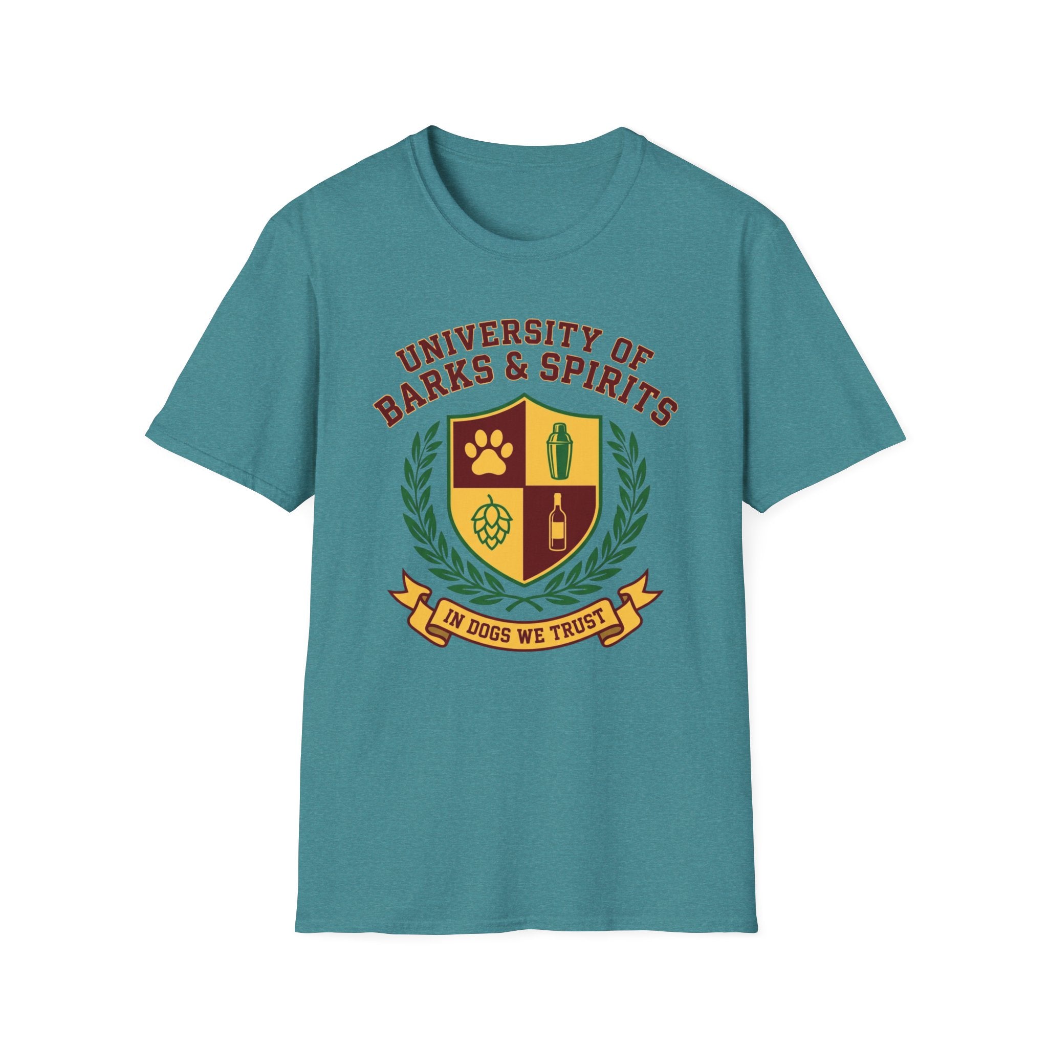 University of Barks & Spirits T-Shirt – "In Dogs We Trust" Crest Tee