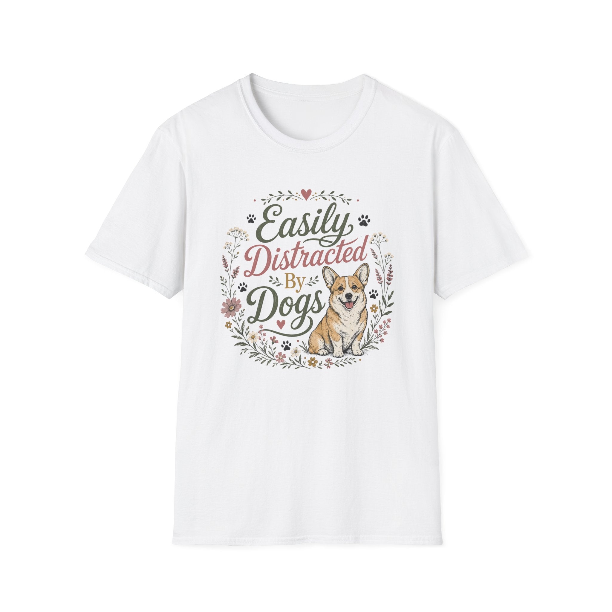 Easily Distracted By Dogs T-Shirt — Cute Corgi Floral Dog Lover Tee