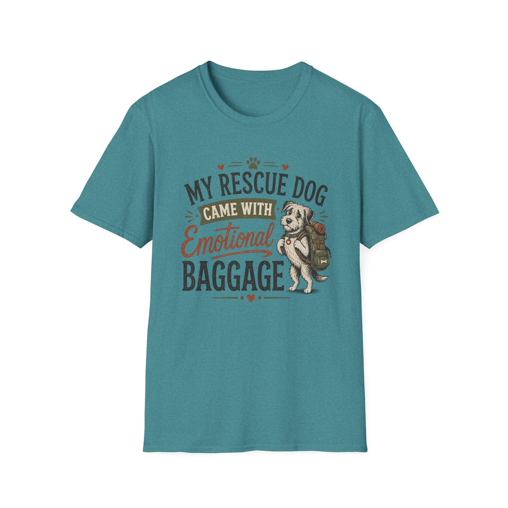 Rescue Dog T-Shirt — "My Rescue Dog Came With Emotional Baggage" Cute Adopted Pup Tee