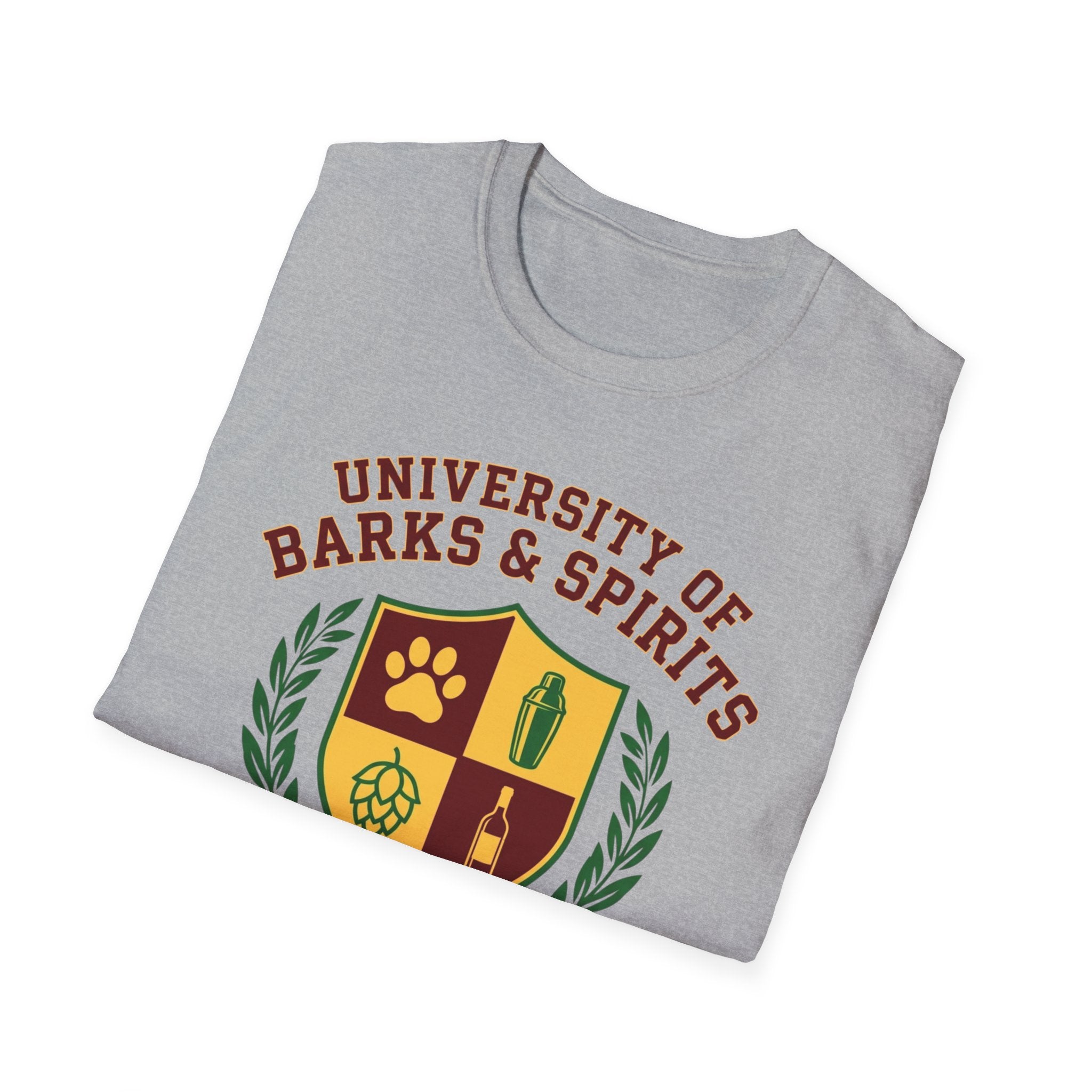 University of Barks & Spirits T-Shirt – "In Dogs We Trust" Crest Tee