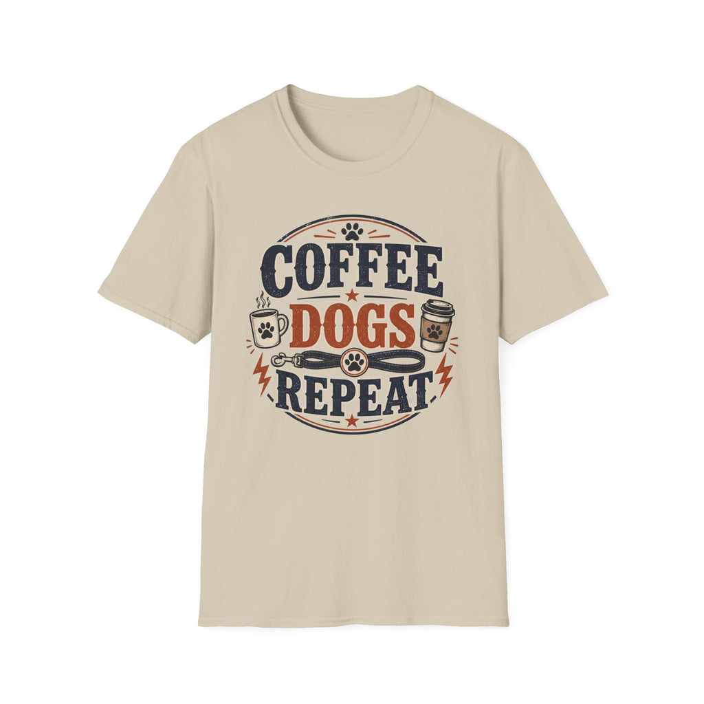 Coffee Dogs Repeat T-Shirt — Funny Dog Lover Coffee Tee