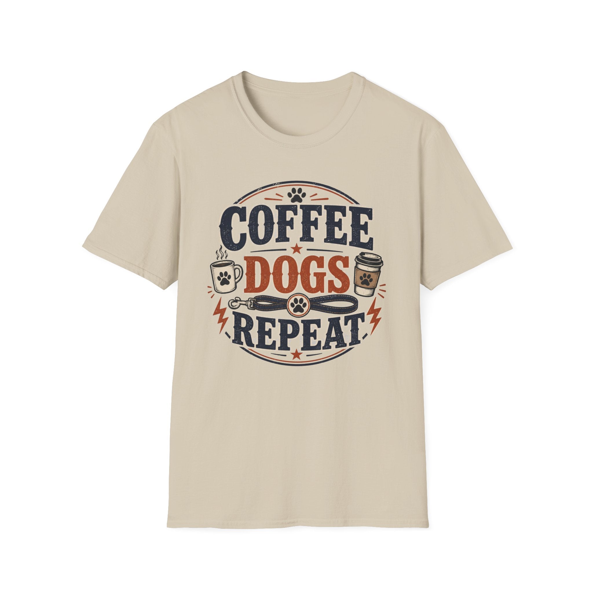 Coffee Dogs Repeat T-Shirt — Funny Dog Lover Coffee Tee