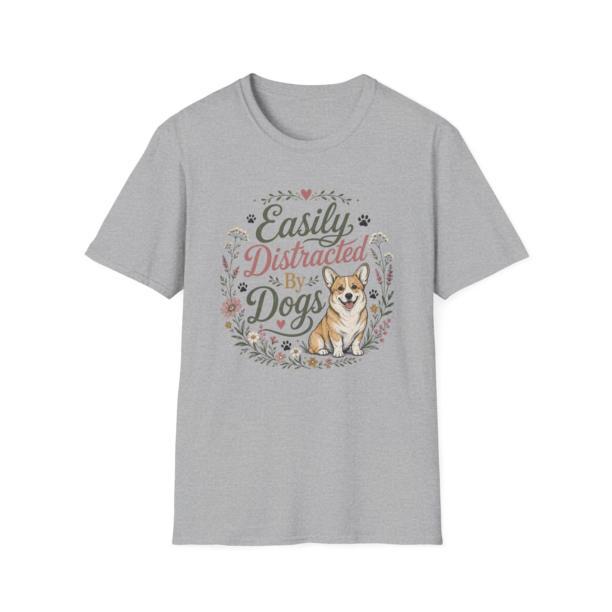 Easily Distracted By Dogs T-Shirt — Cute Corgi Floral Dog Lover Tee