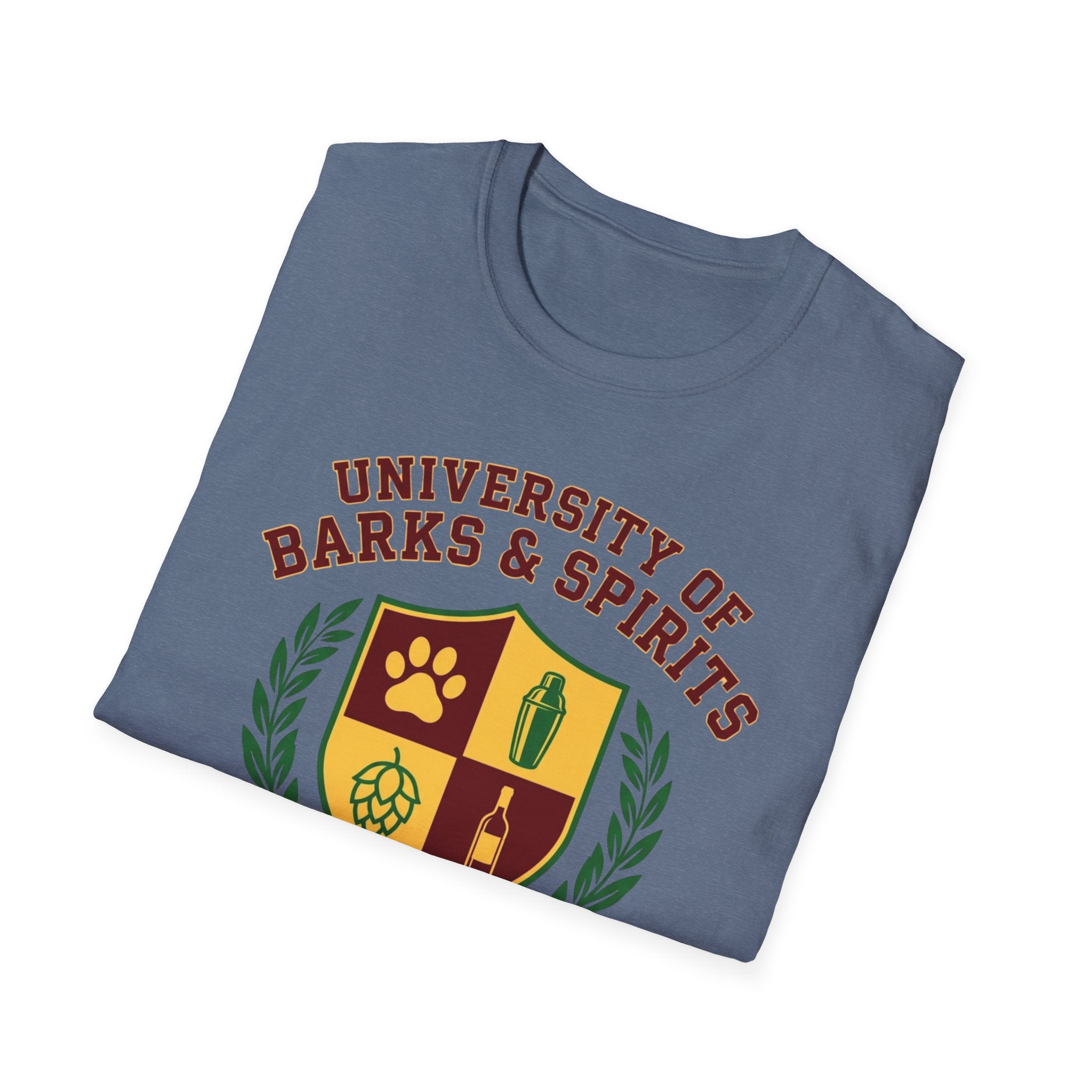 University of Barks & Spirits T-Shirt – "In Dogs We Trust" Crest Tee