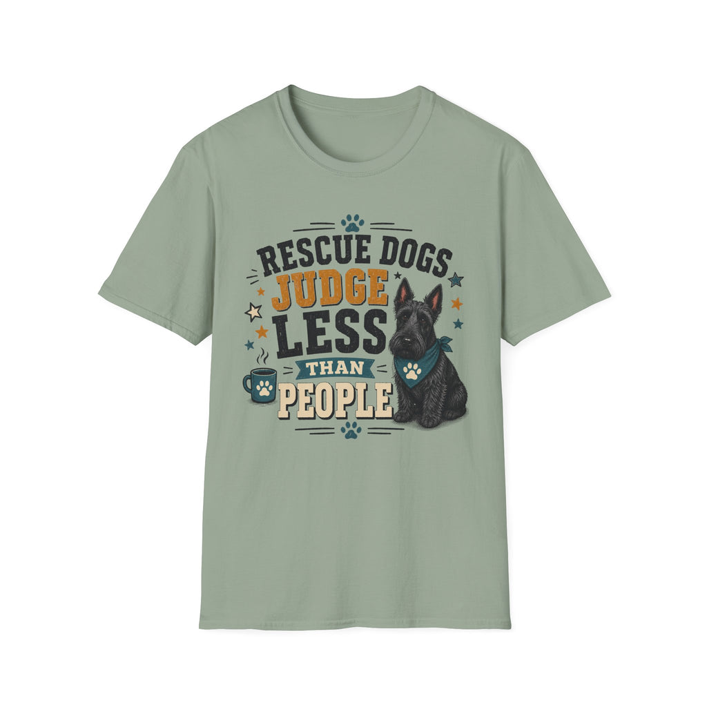 Rescue Dogs Judge Less Than People T-Shirt — Cute Scottie Rescue Tee