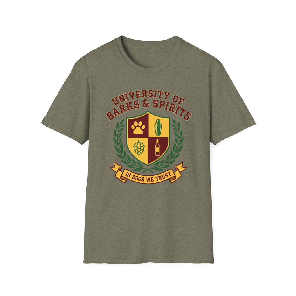 University of Barks & Spirits T-Shirt – "In Dogs We Trust" Crest Tee