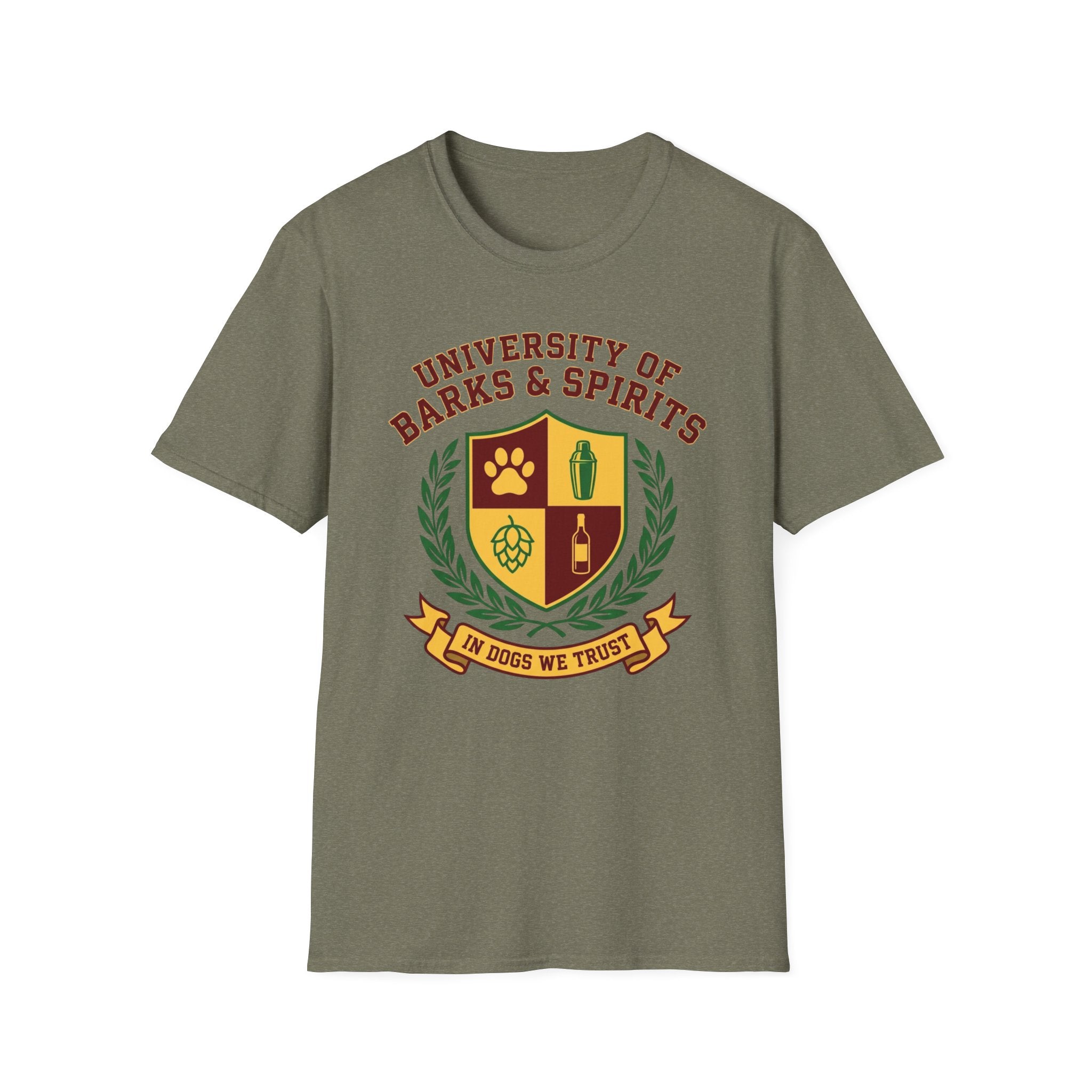 University of Barks & Spirits T-Shirt – "In Dogs We Trust" Crest Tee