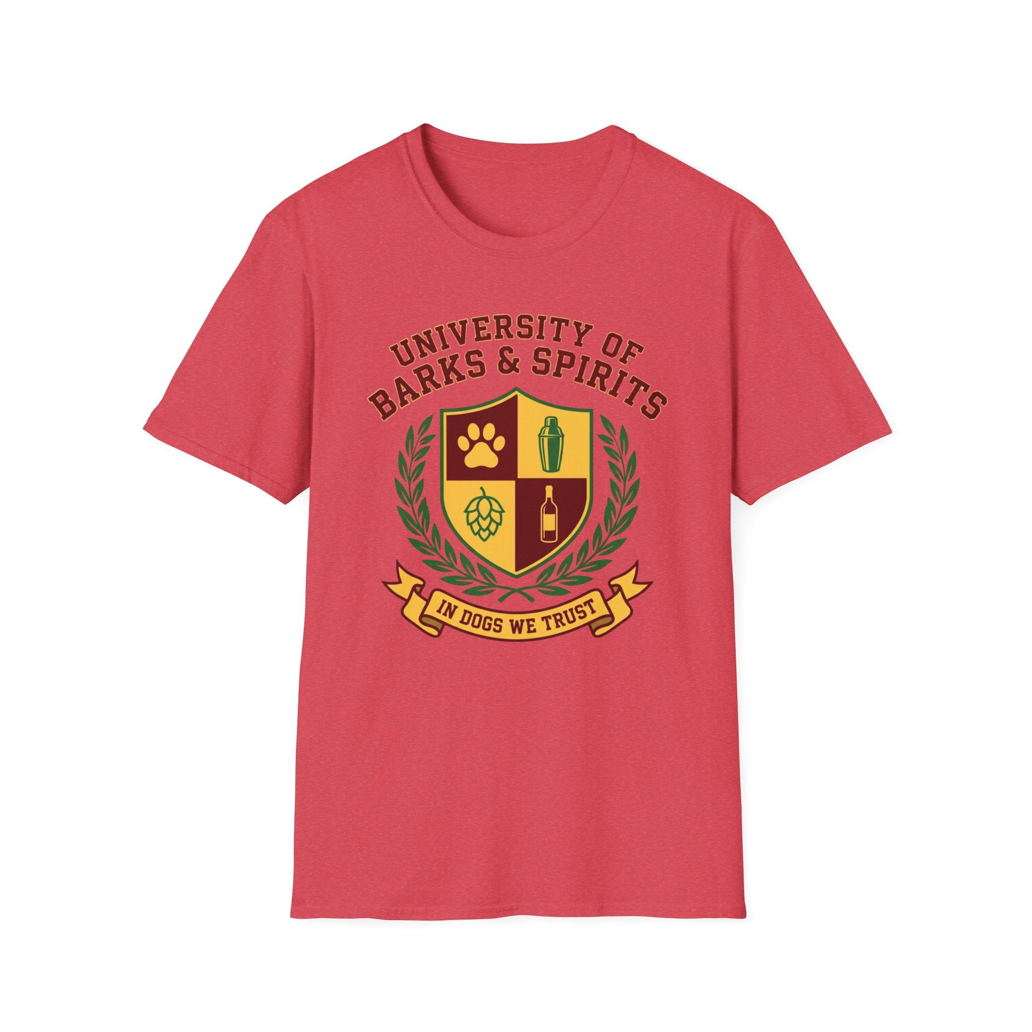 University of Barks & Spirits T-Shirt – "In Dogs We Trust" Crest Tee
