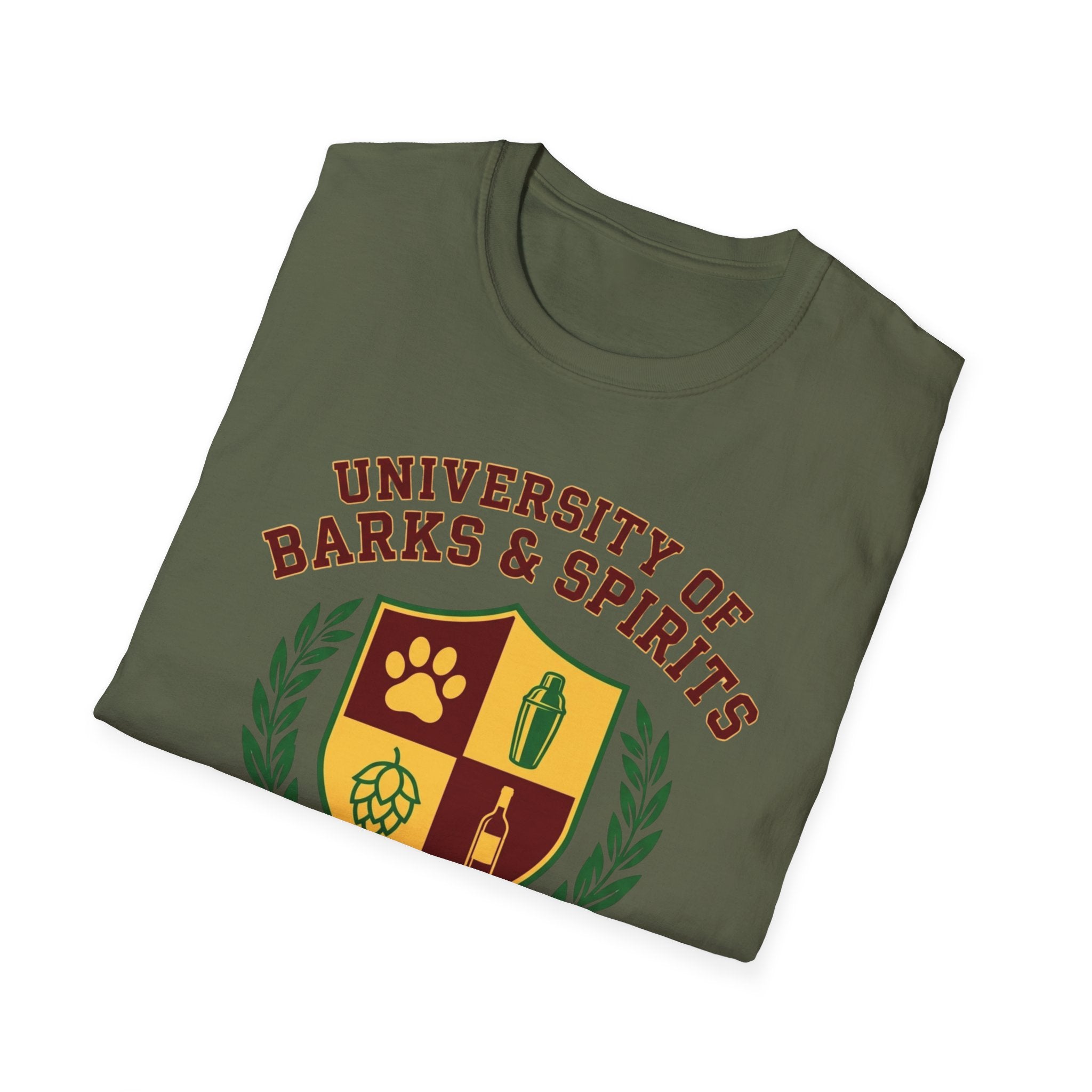 University of Barks & Spirits T-Shirt – "In Dogs We Trust" Crest Tee