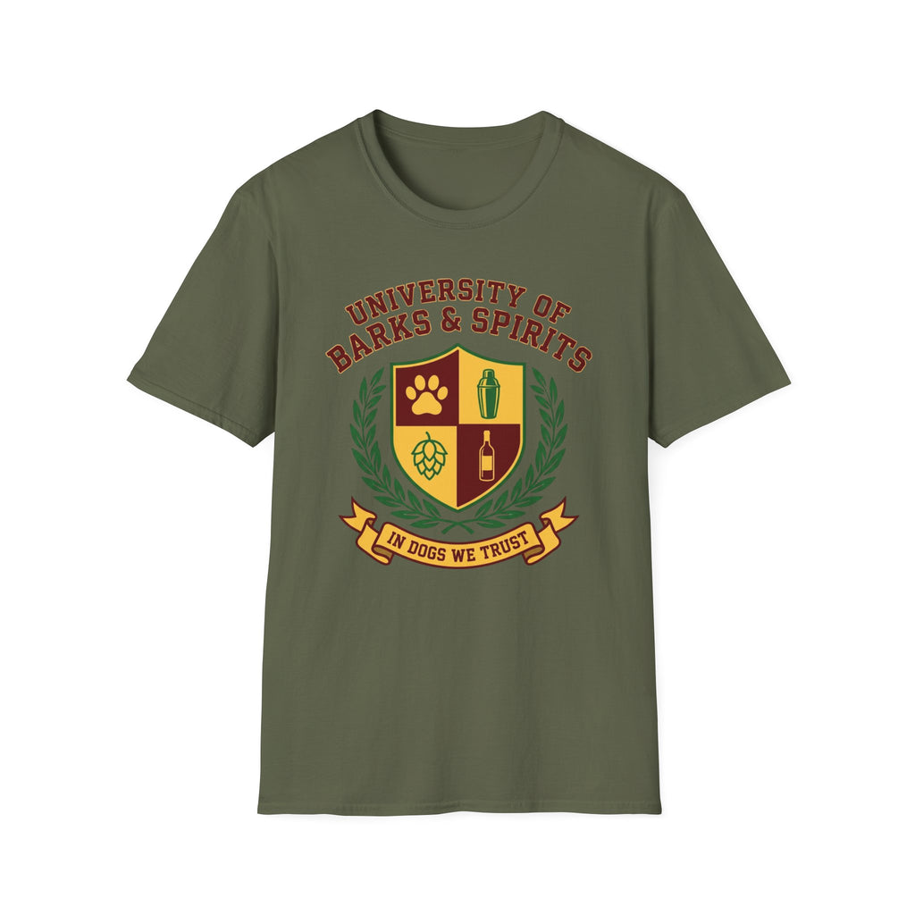 University of Barks & Spirits T-Shirt – "In Dogs We Trust" Crest Tee