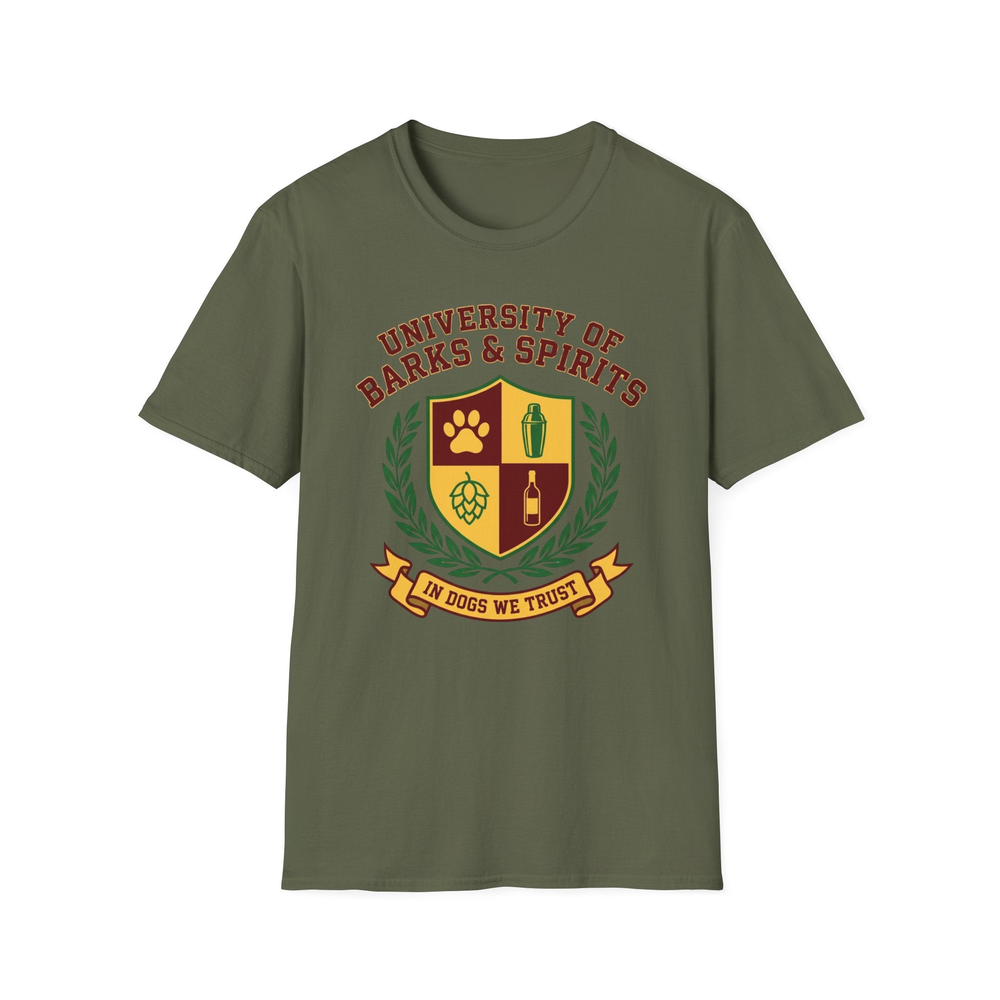 University of Barks & Spirits T-Shirt – "In Dogs We Trust" Crest Tee