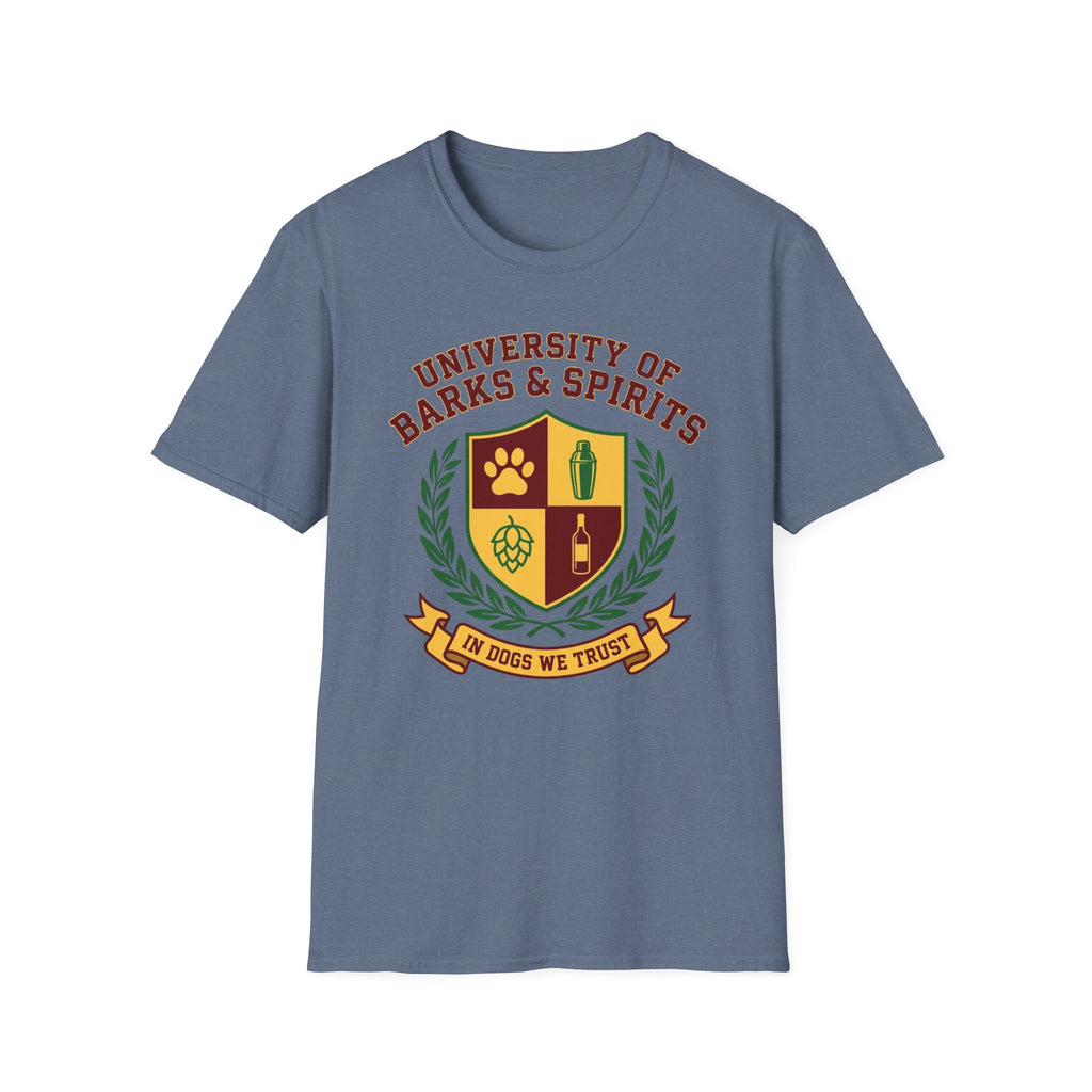 University of Barks & Spirits T-Shirt – "In Dogs We Trust" Crest Tee