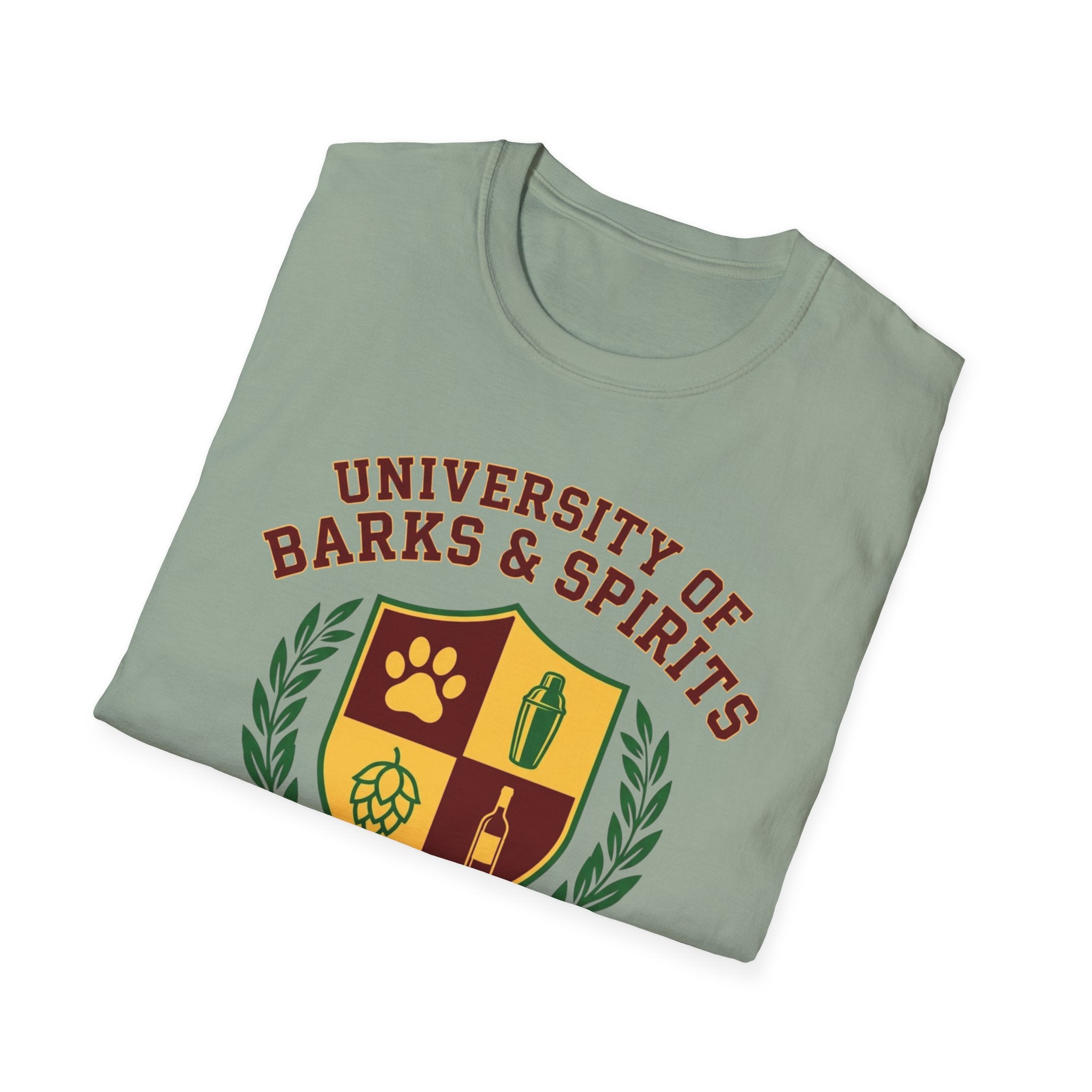 University of Barks & Spirits T-Shirt – "In Dogs We Trust" Crest Tee