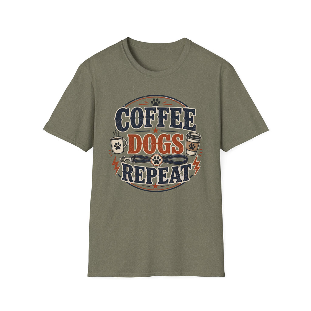 Coffee Dogs Repeat T-Shirt — Funny Dog Lover Coffee Tee