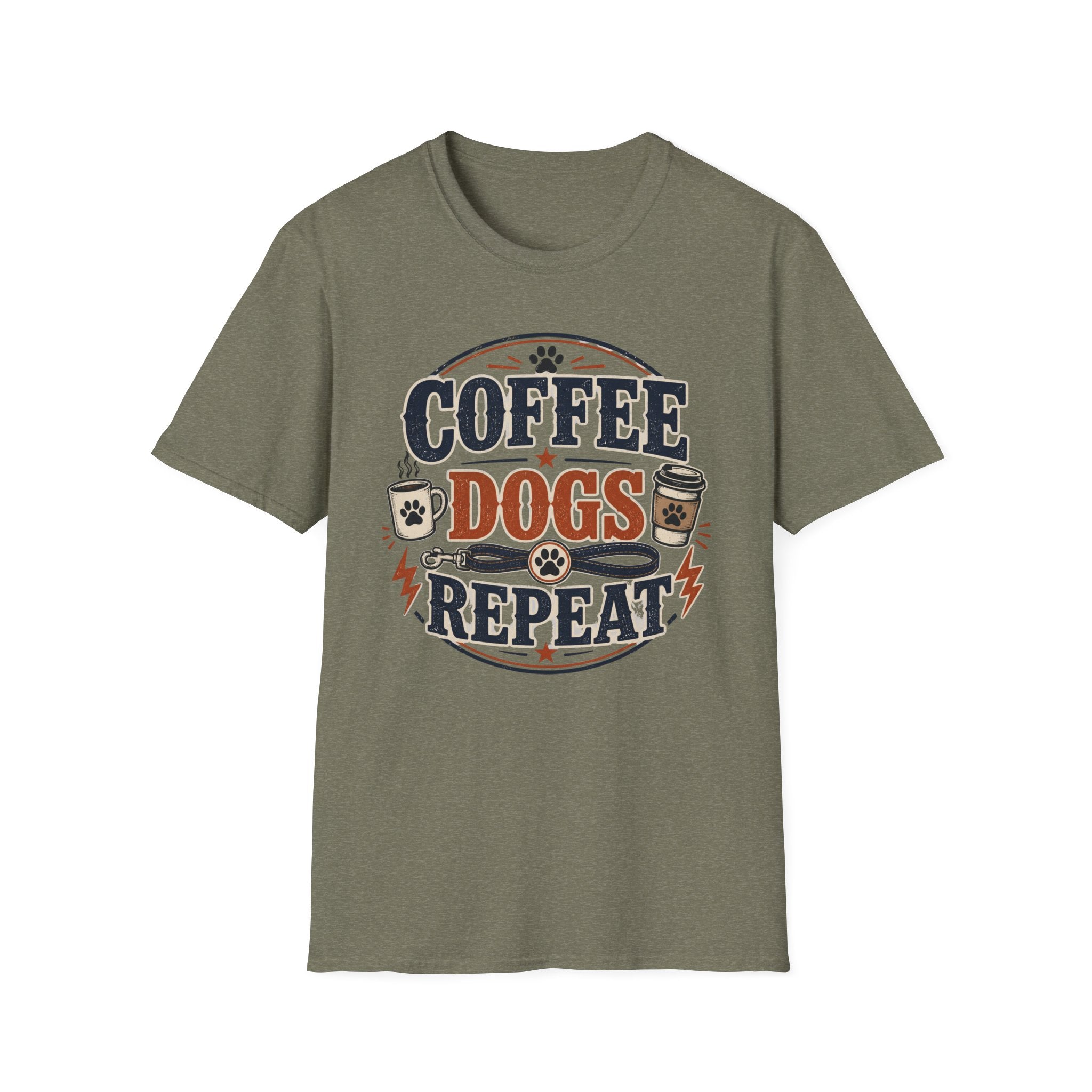Coffee Dogs Repeat T-Shirt — Funny Dog Lover Coffee Tee