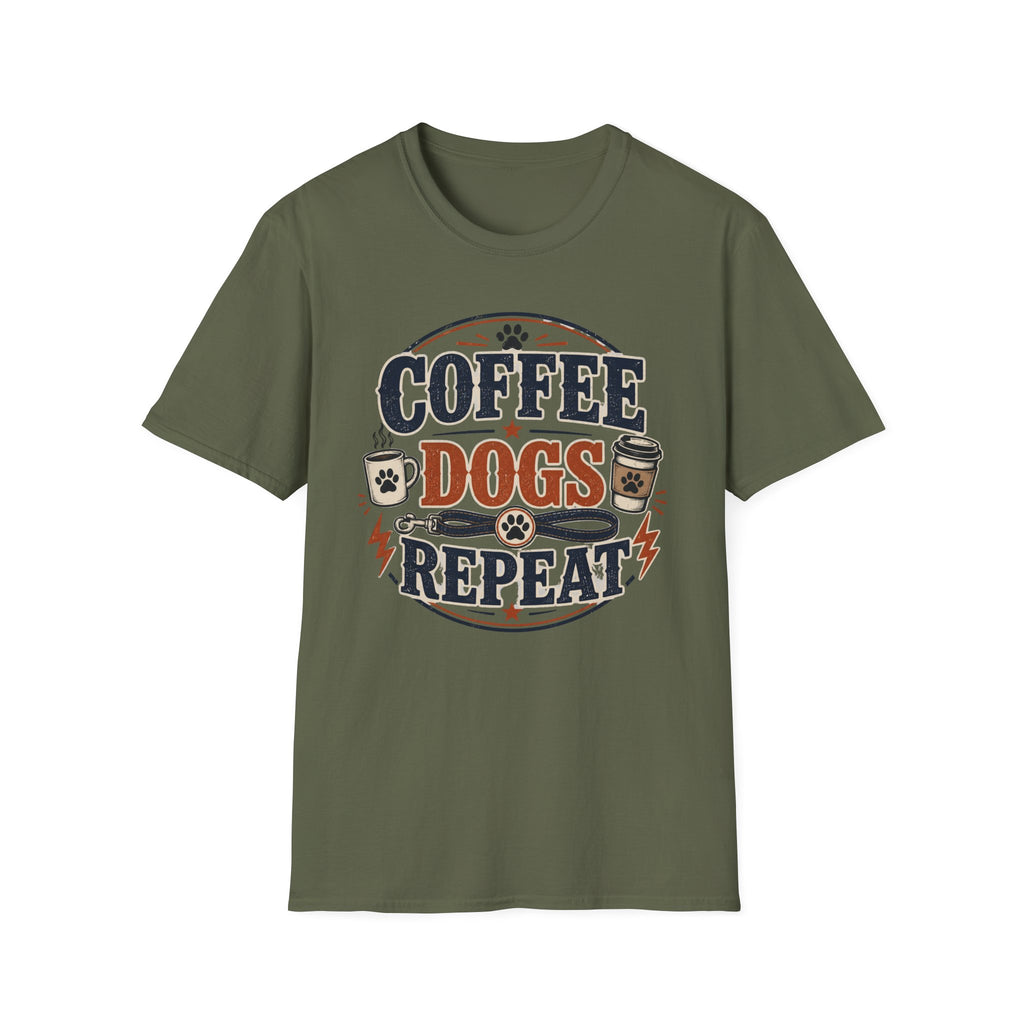 Coffee Dogs Repeat T-Shirt — Funny Dog Lover Coffee Tee