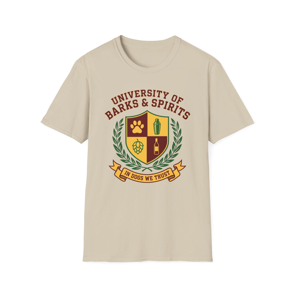 University of Barks & Spirits T-Shirt – "In Dogs We Trust" Crest Tee