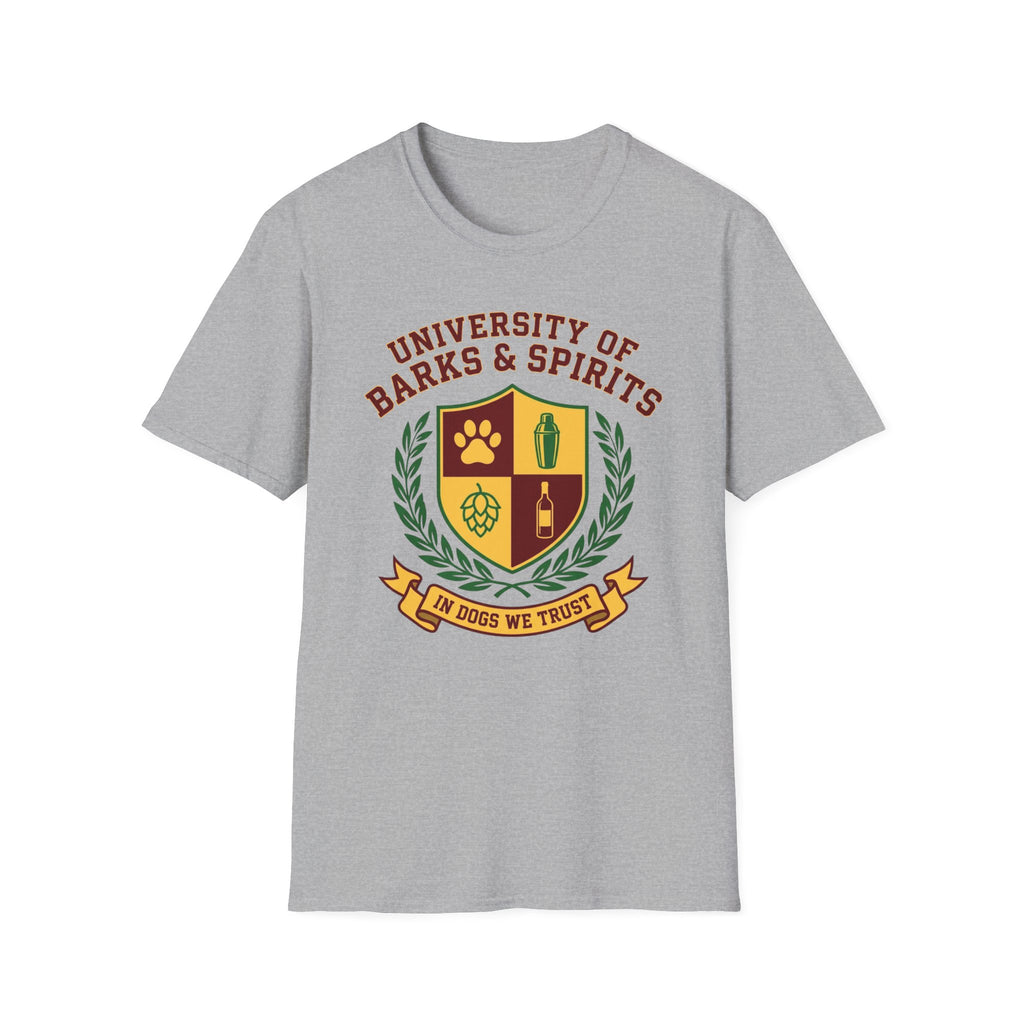 University of Barks & Spirits T-Shirt – "In Dogs We Trust" Crest Tee