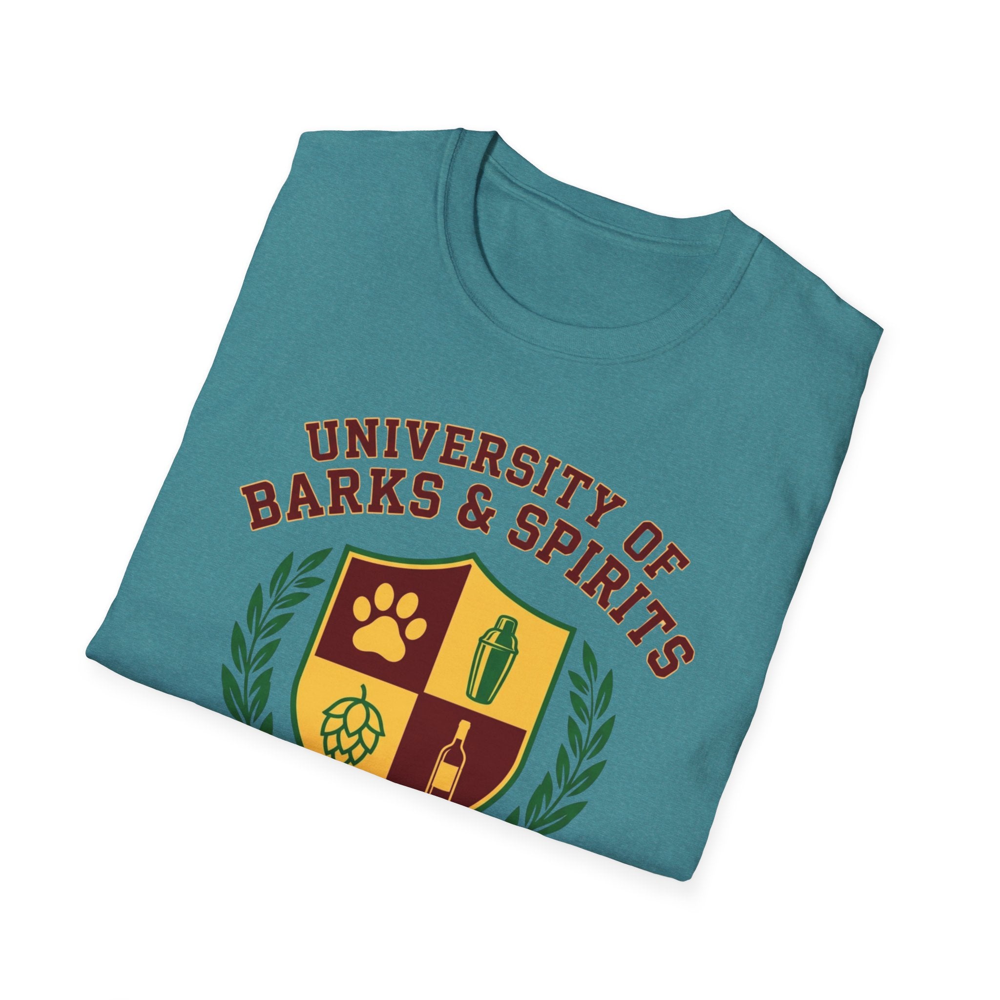 University of Barks & Spirits T-Shirt – "In Dogs We Trust" Crest Tee