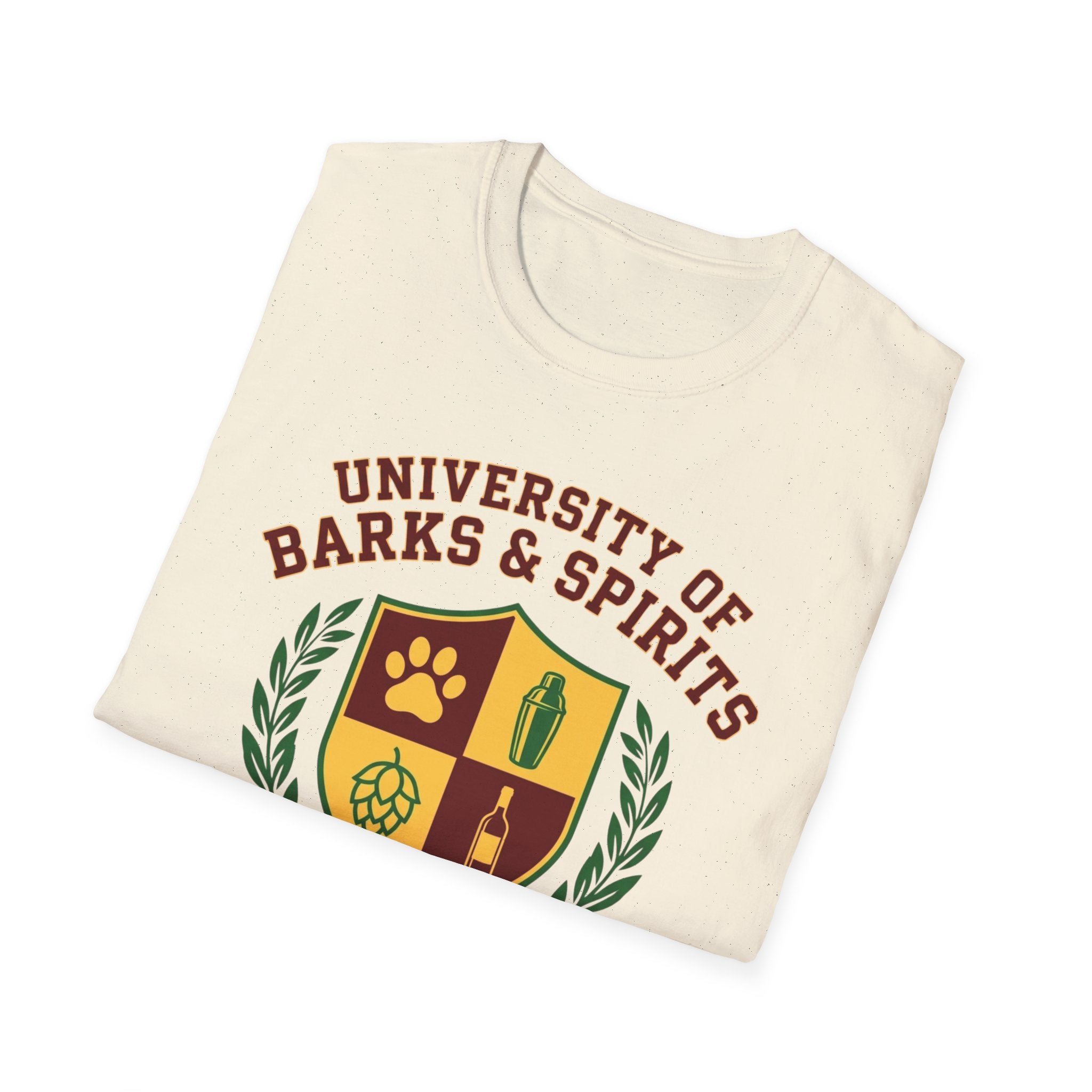University of Barks & Spirits T-Shirt – "In Dogs We Trust" Crest Tee