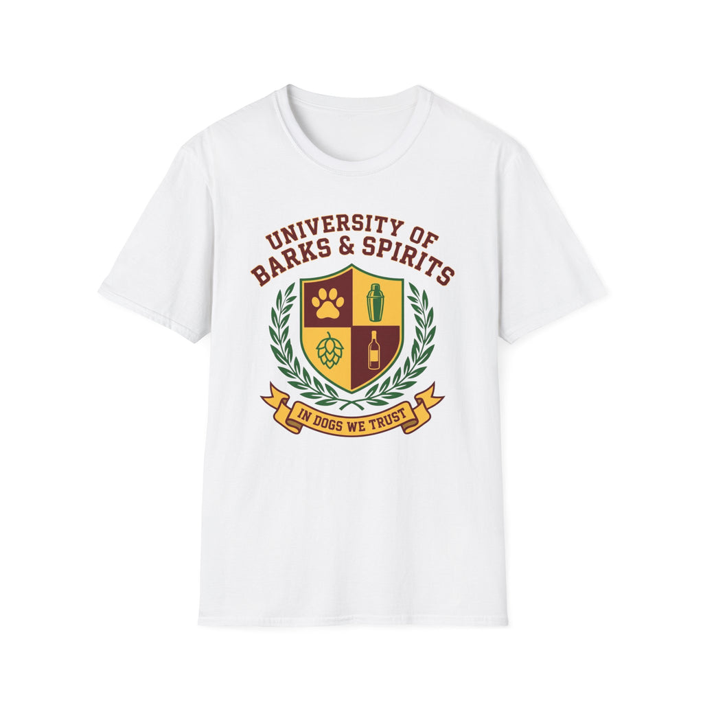 University of Barks & Spirits T-Shirt – "In Dogs We Trust" Crest Tee
