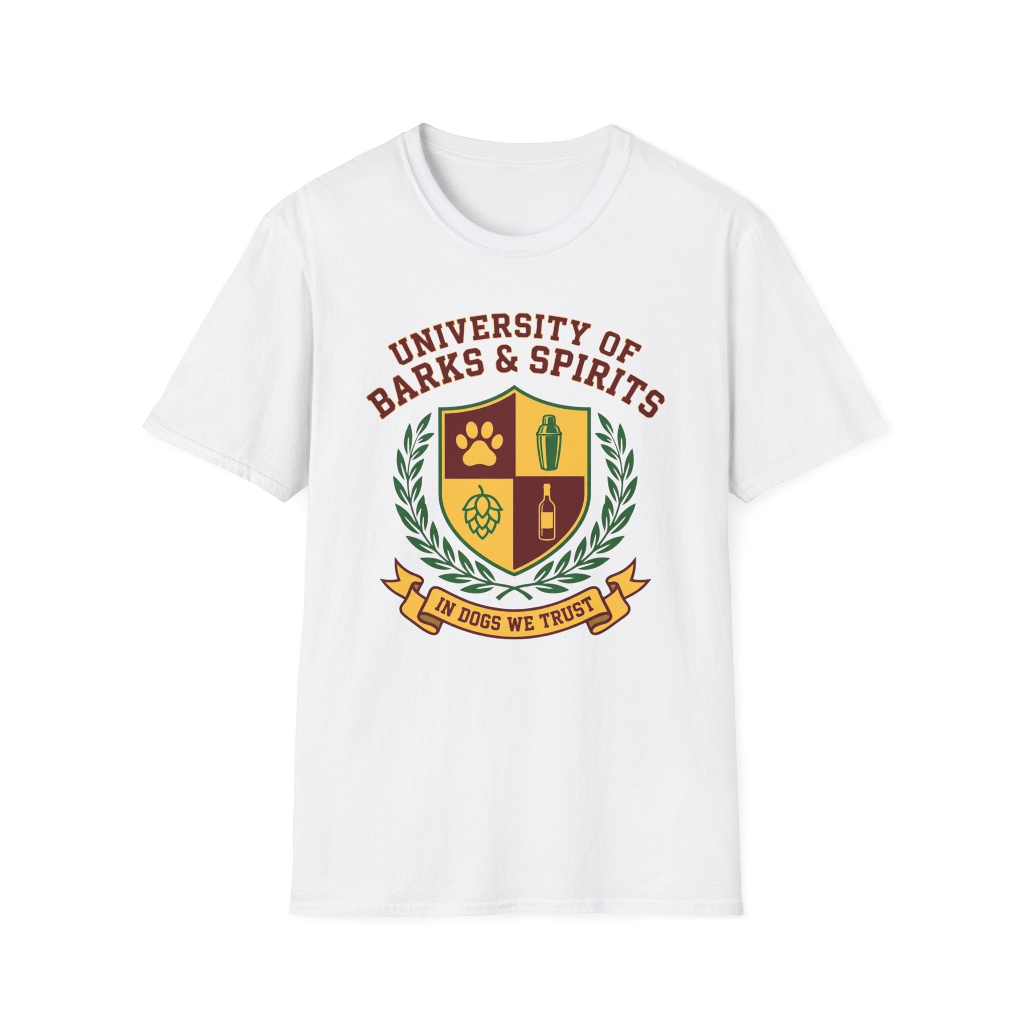 University of Barks & Spirits T-Shirt – "In Dogs We Trust" Crest Tee