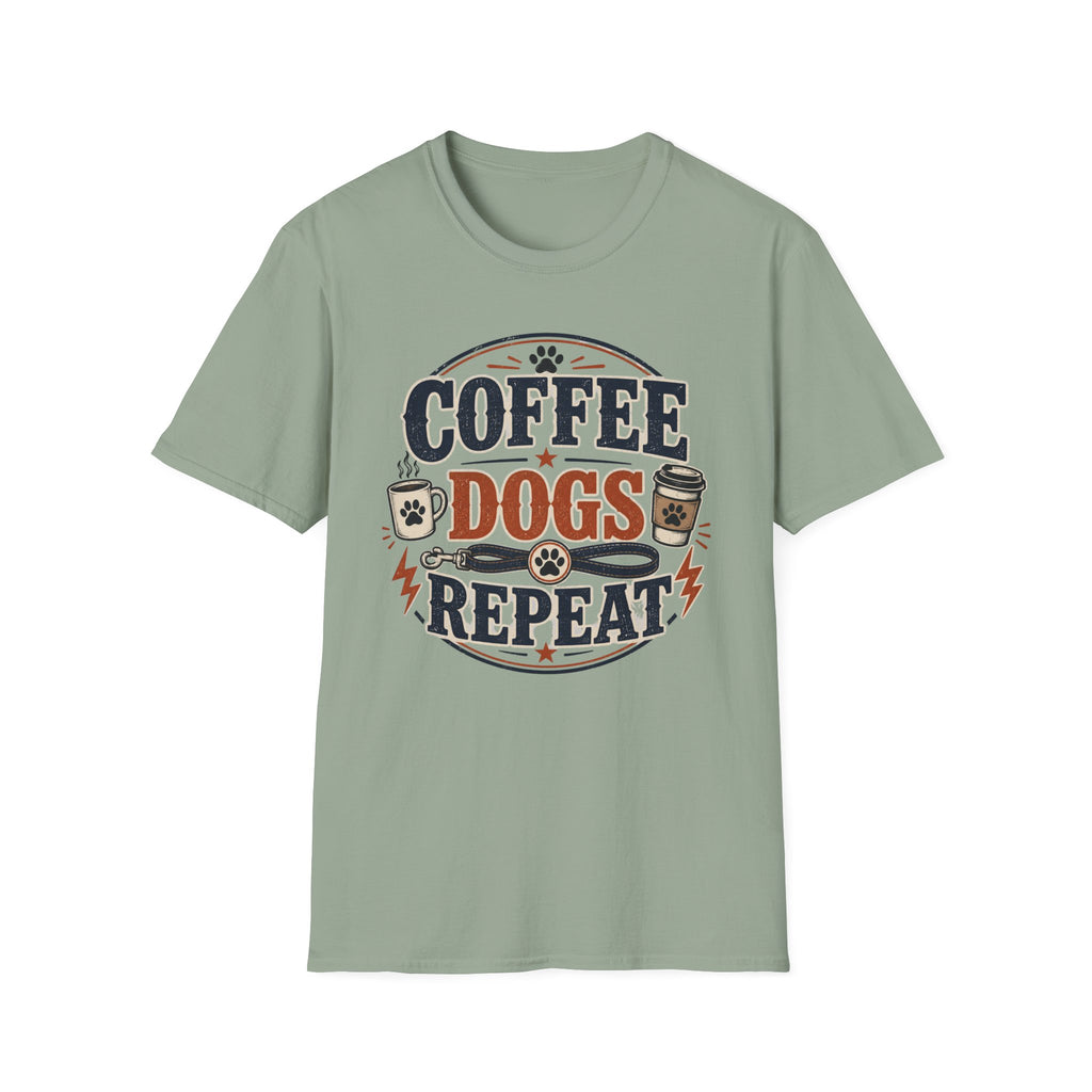 Coffee Dogs Repeat T-Shirt — Funny Dog Lover Coffee Tee