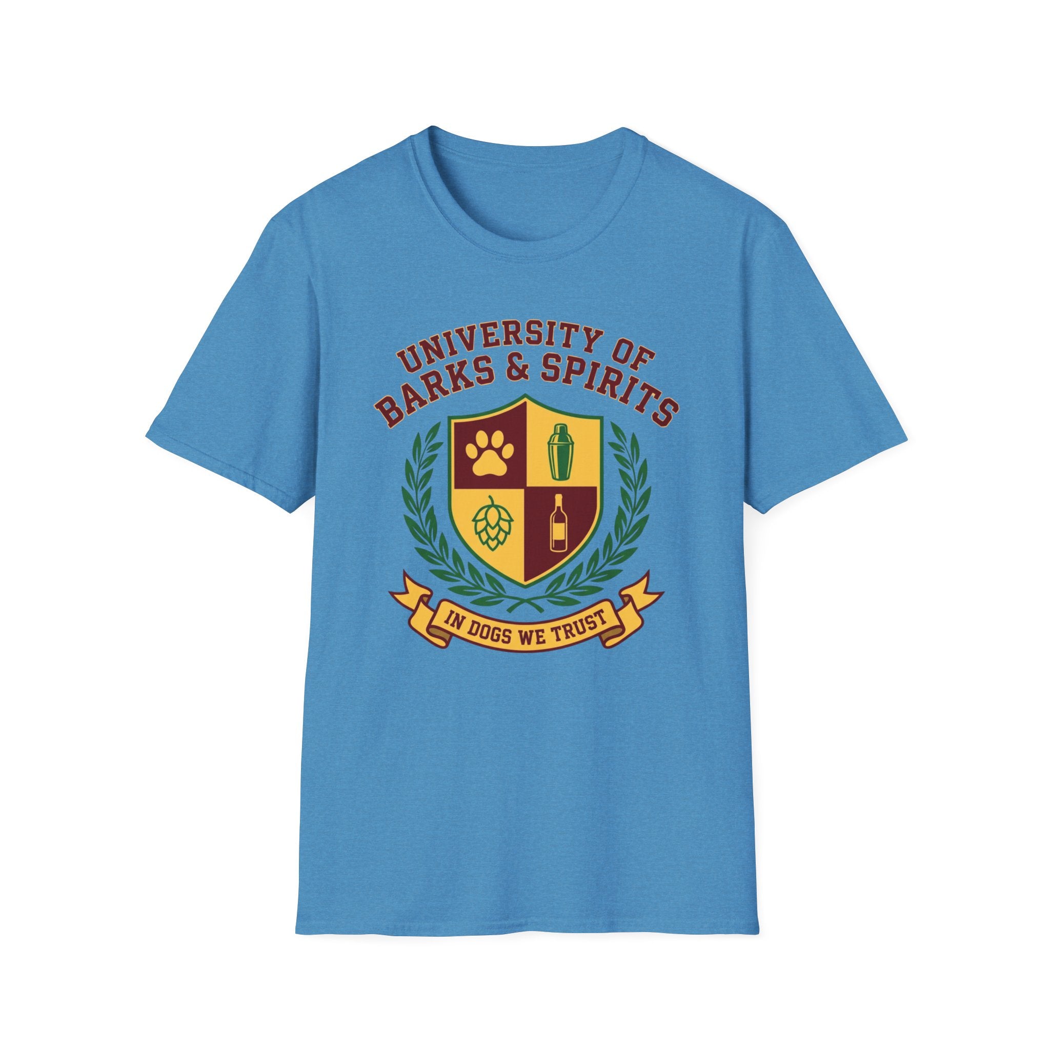 University of Barks & Spirits T-Shirt – "In Dogs We Trust" Crest Tee