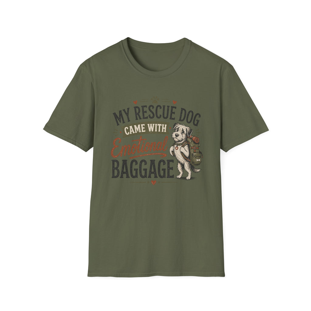 Rescue Dog T-Shirt — "My Rescue Dog Came With Emotional Baggage" Cute Adopted Pup Tee