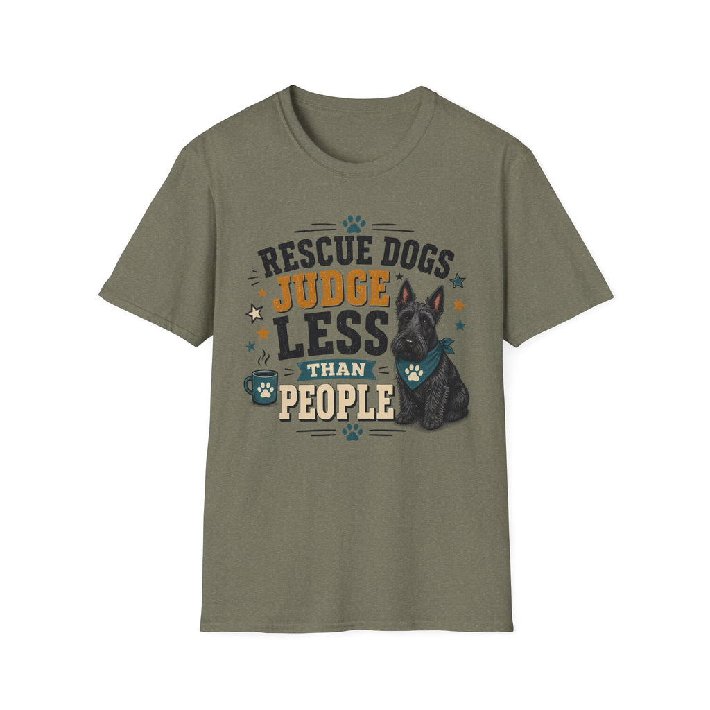 Rescue Dogs Judge Less Than People T-Shirt — Cute Scottie Rescue Tee
