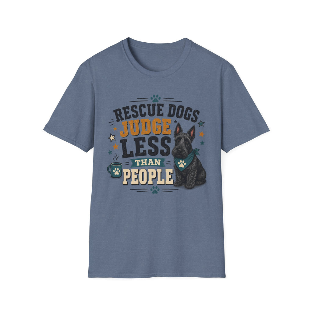 Rescue Dogs Judge Less Than People T-Shirt — Cute Scottie Rescue Tee