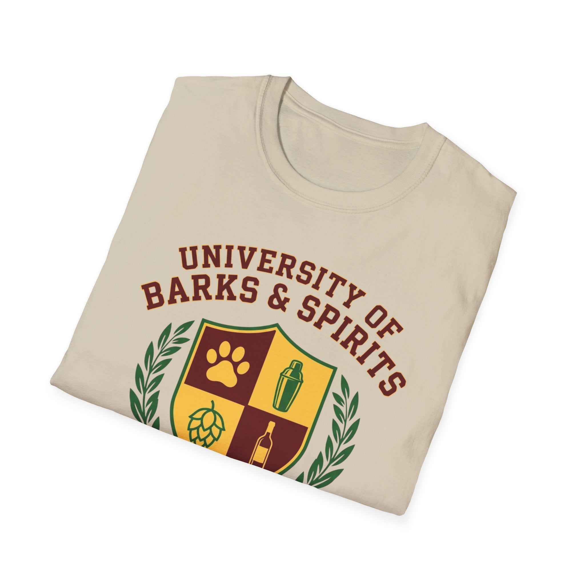University of Barks & Spirits T-Shirt – "In Dogs We Trust" Crest Tee