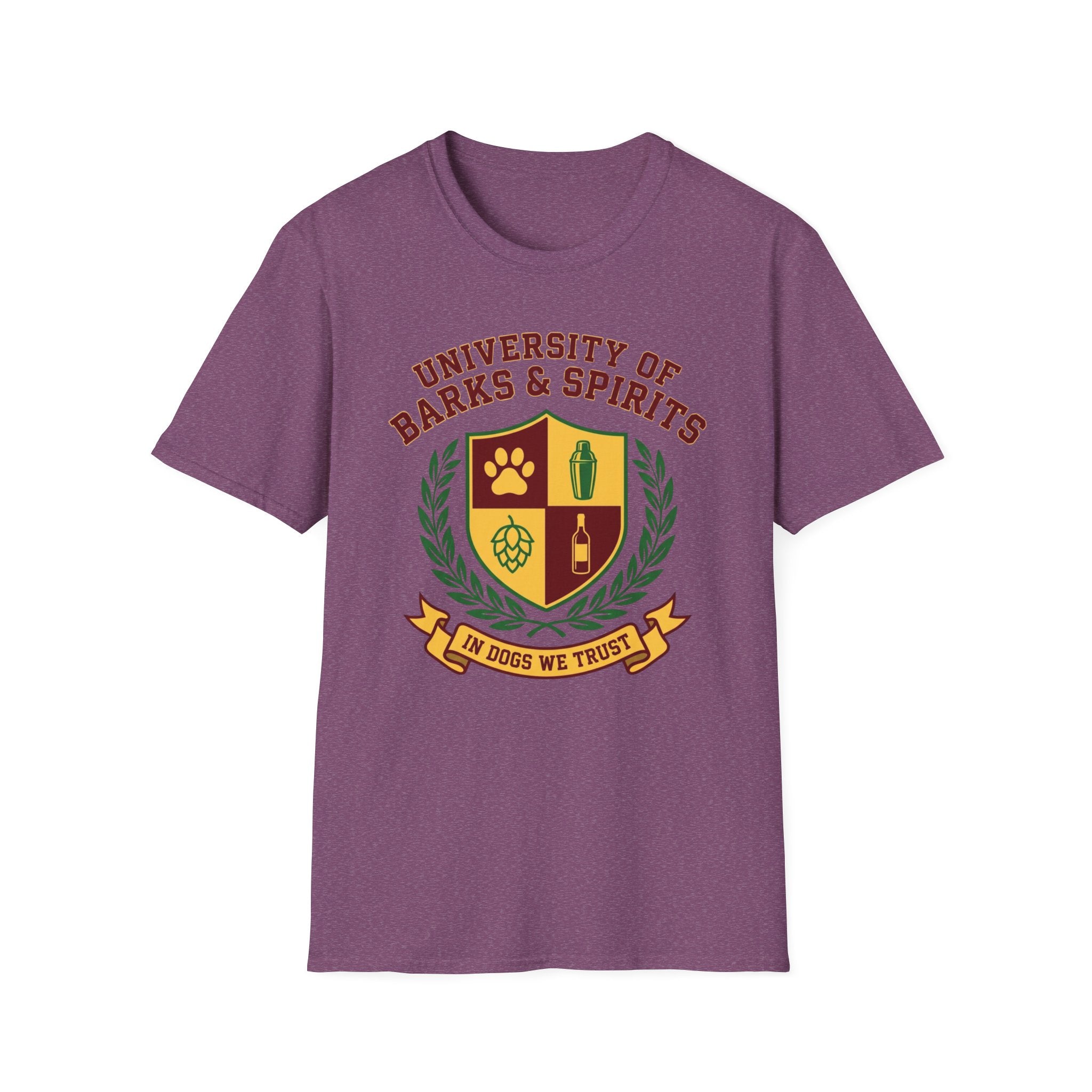 University of Barks & Spirits T-Shirt – "In Dogs We Trust" Crest Tee