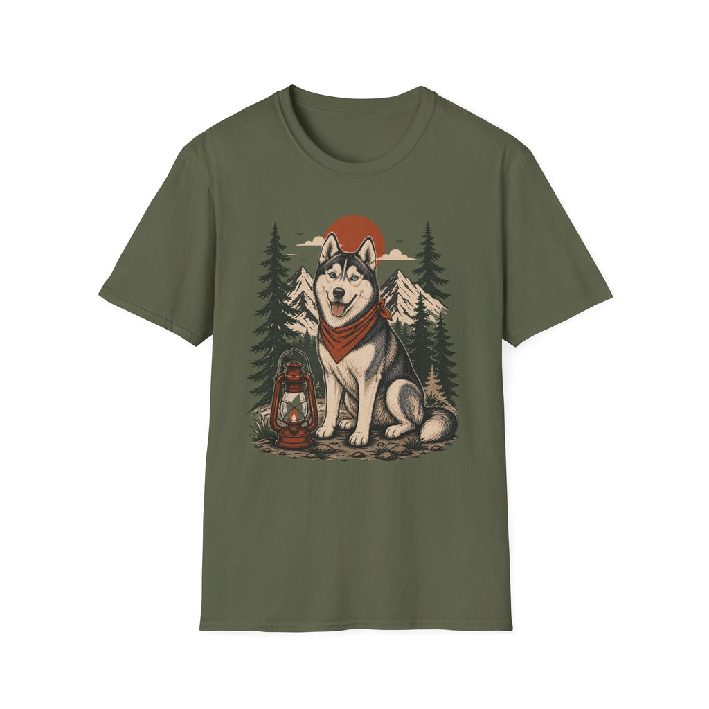 Husky Lantern T-Shirt — Retro Camping Dog Tee