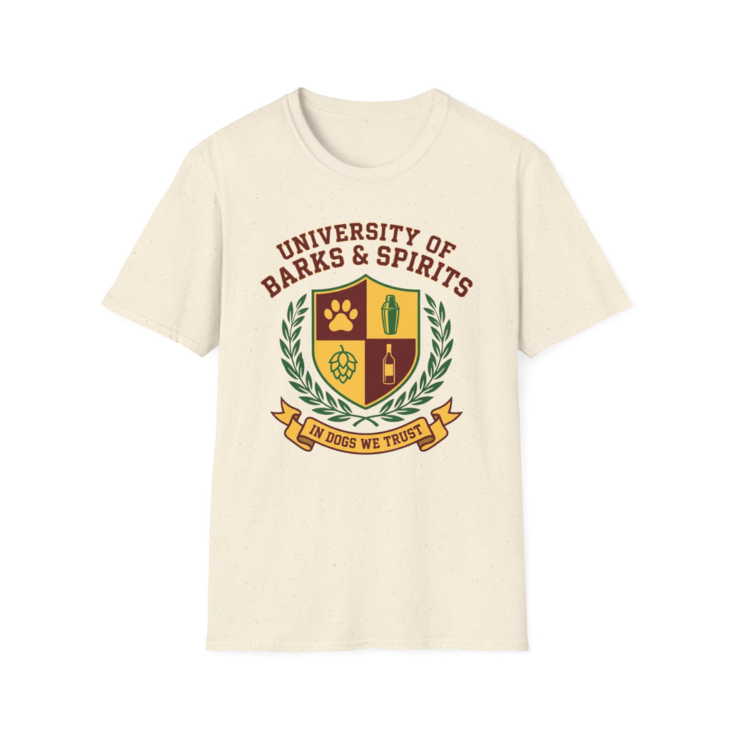 University of Barks & Spirits T-Shirt – "In Dogs We Trust" Crest Tee