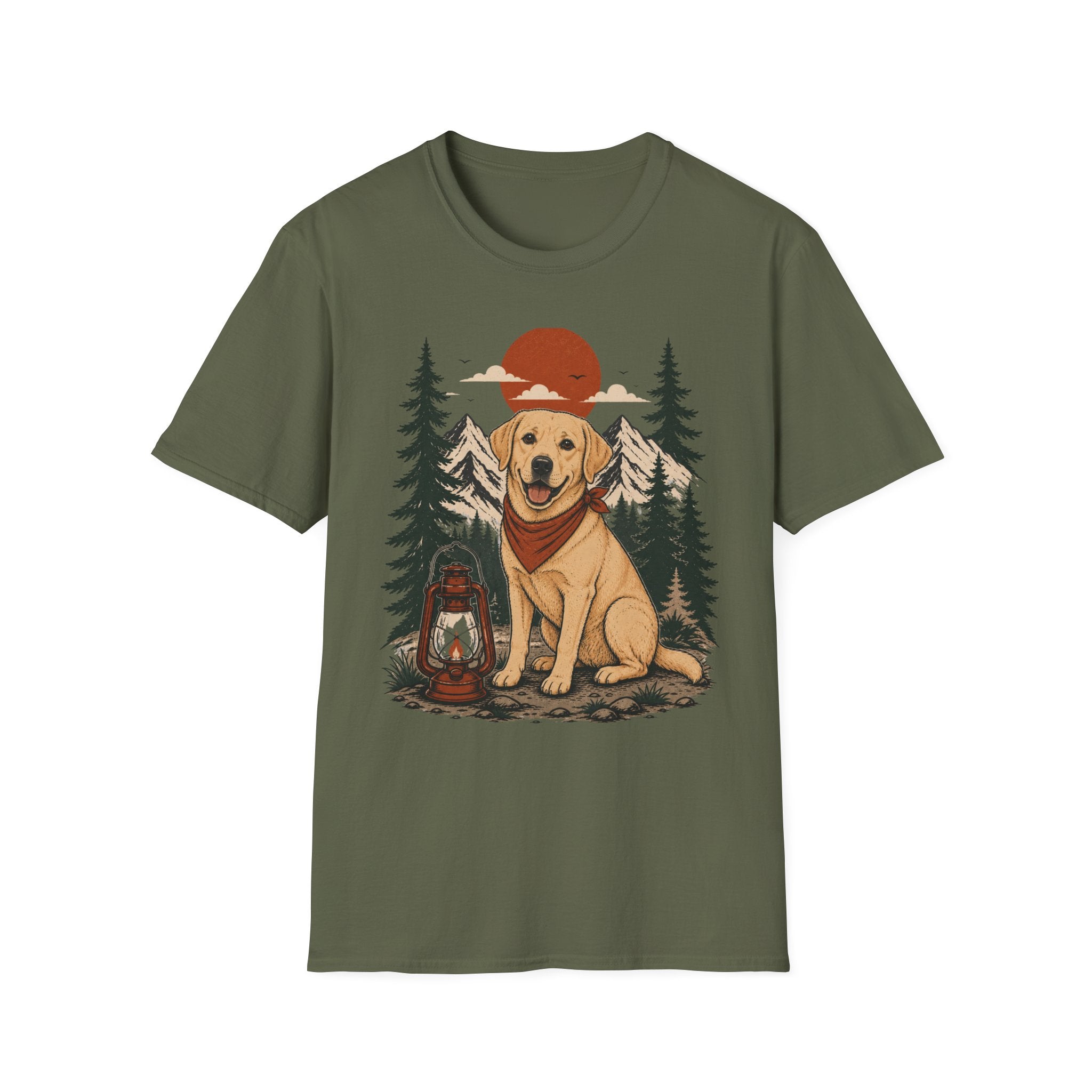 Yellow Lab Lantern T-Shirt — Retro Camping Dog Tee