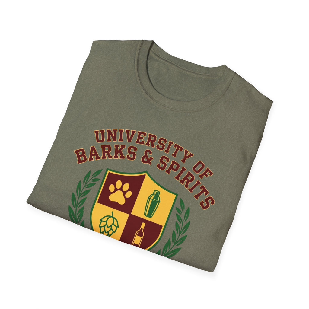 University of Barks & Spirits T-Shirt – "In Dogs We Trust" Crest Tee