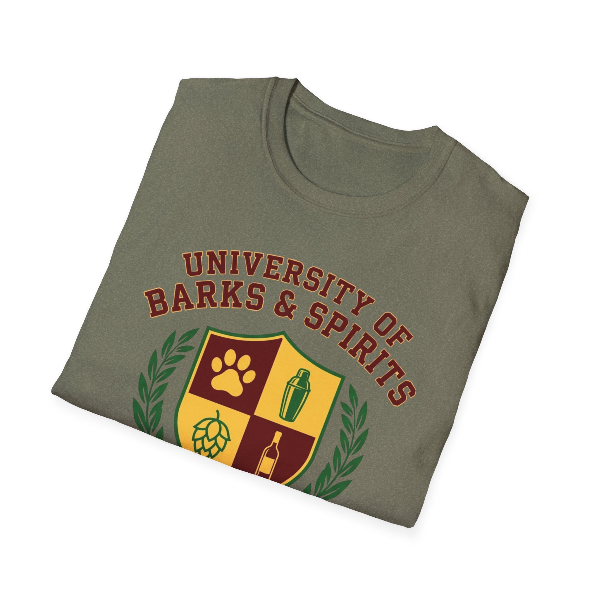 University of Barks & Spirits T-Shirt – "In Dogs We Trust" Crest Tee
