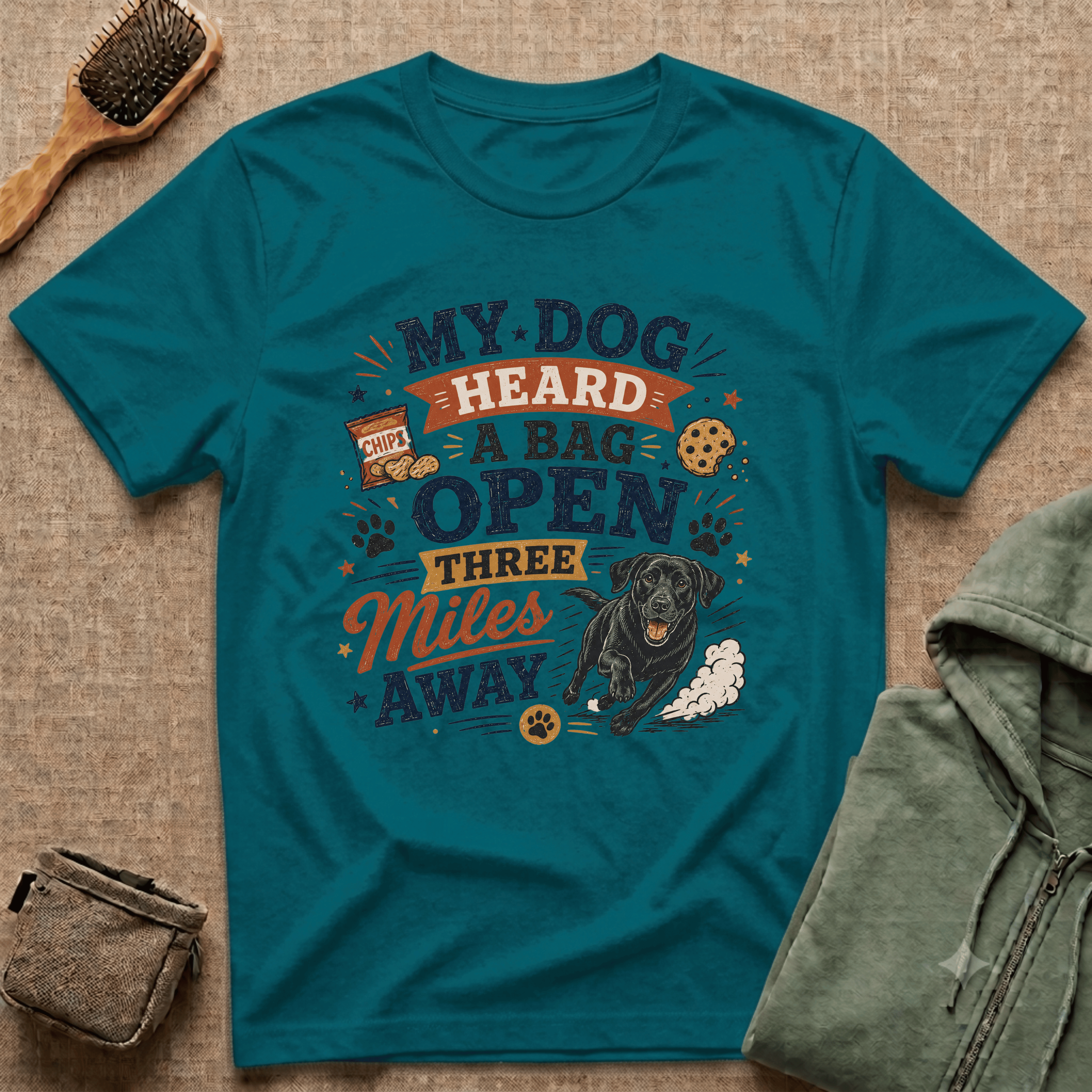 Dog Lover T-Shirt — "My Dog Heard A Bag Open Three Miles Away" Funny Pet Tee