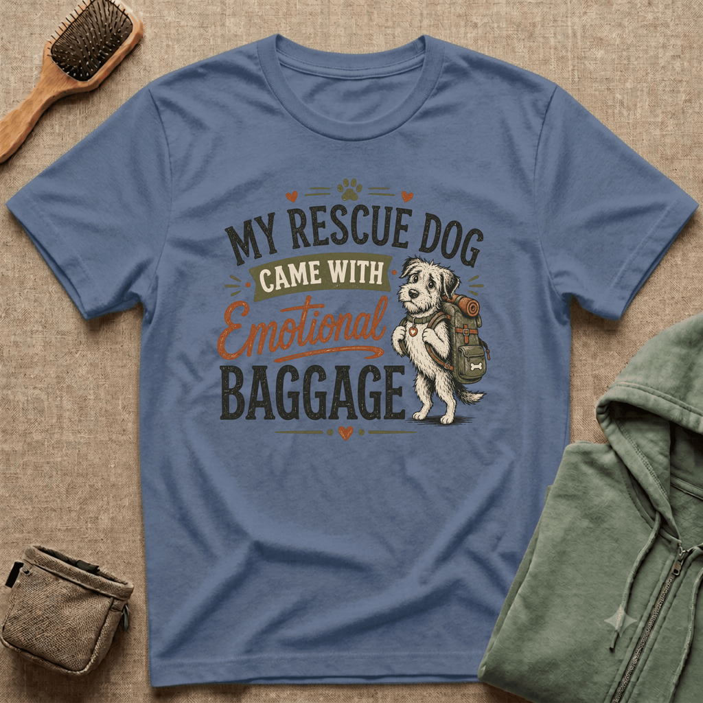 Rescue Dog T-Shirt — "My Rescue Dog Came With Emotional Baggage" Cute Adopted Pup Tee