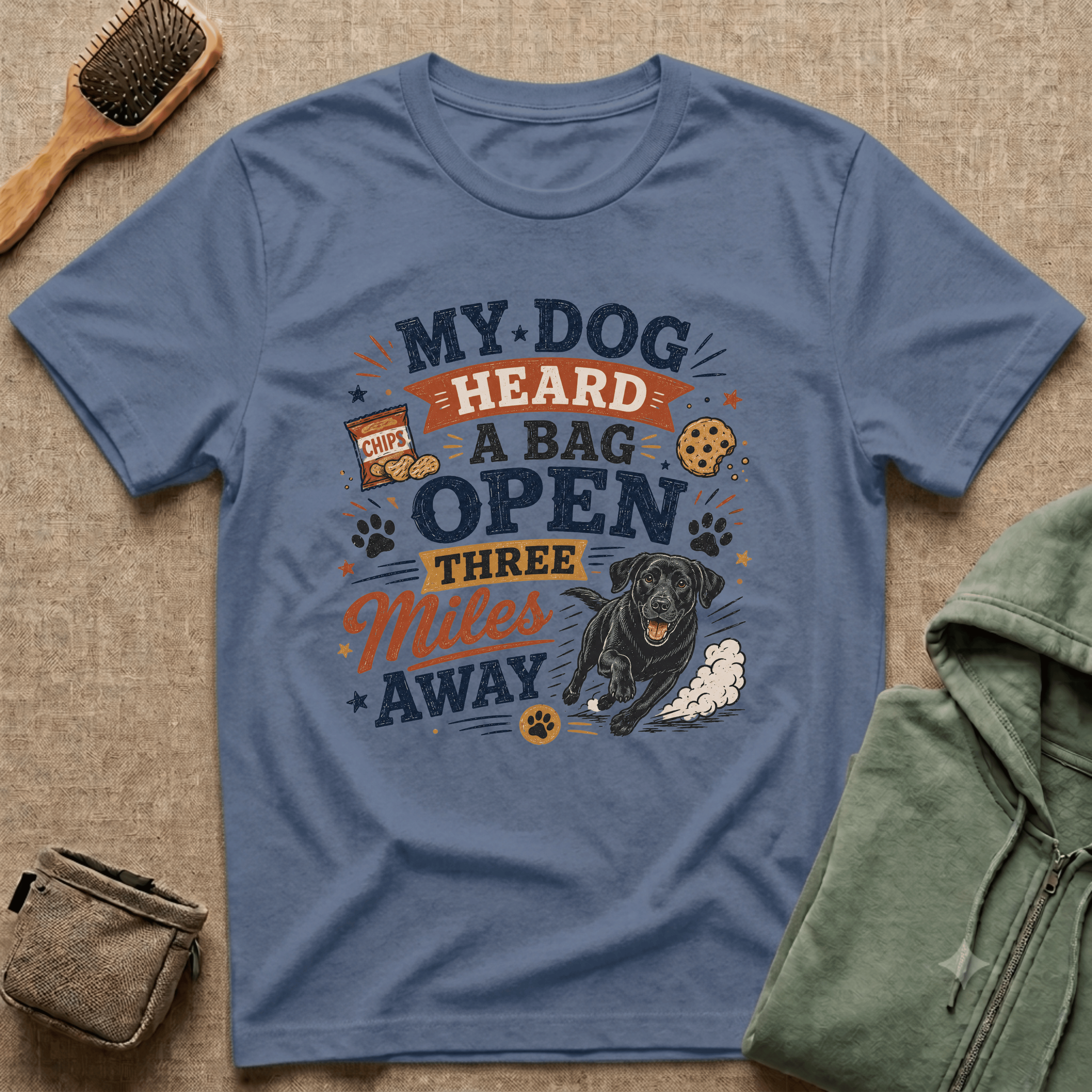 Dog Lover T-Shirt — "My Dog Heard A Bag Open Three Miles Away" Funny Pet Tee