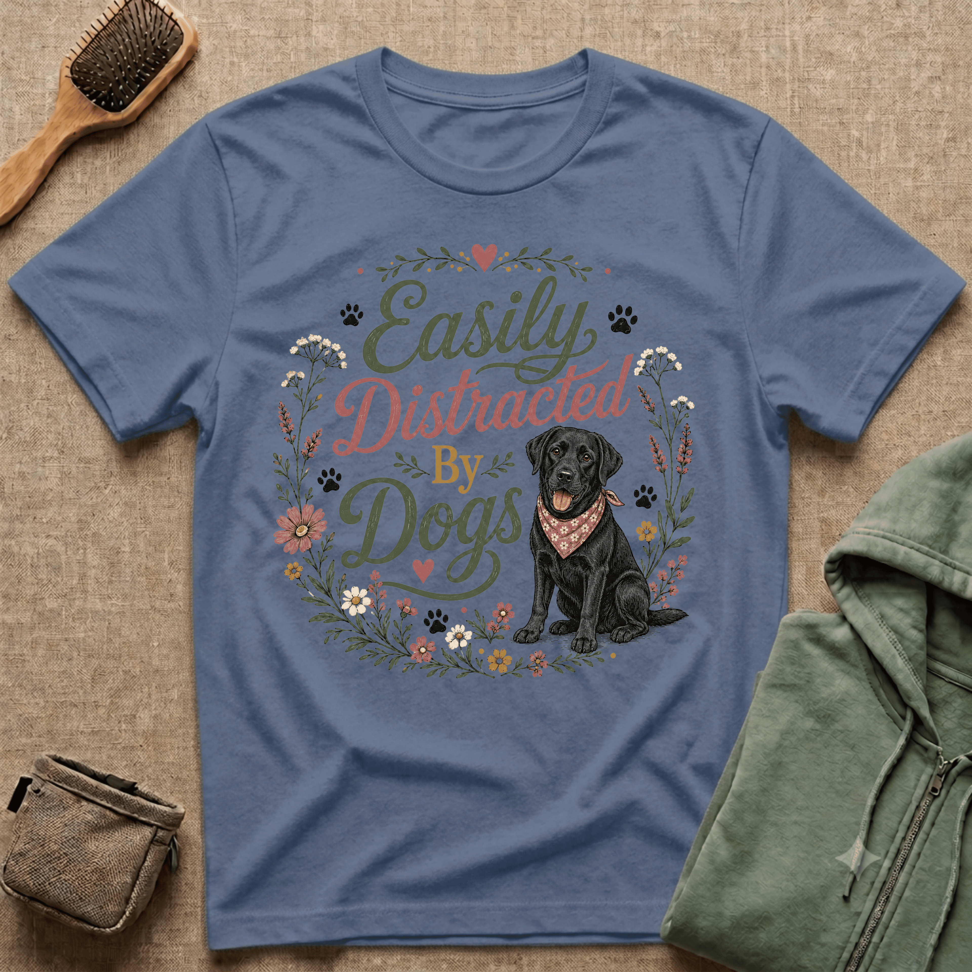 Easily Distracted By Dogs T-Shirt — Cute Black Lab Floral Dog Lover Tee