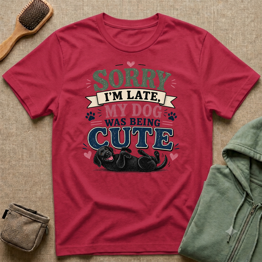Sorry I'm Late My Dog Was Being Cute T-Shirt — Black Lab Dog Lover Tee
