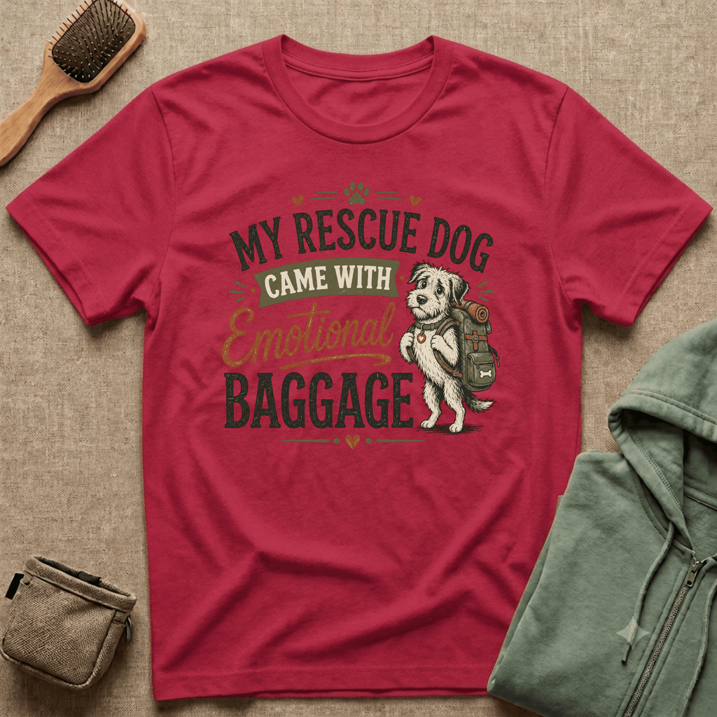 Rescue Dog T-Shirt — "My Rescue Dog Came With Emotional Baggage" Cute Adopted Pup Tee