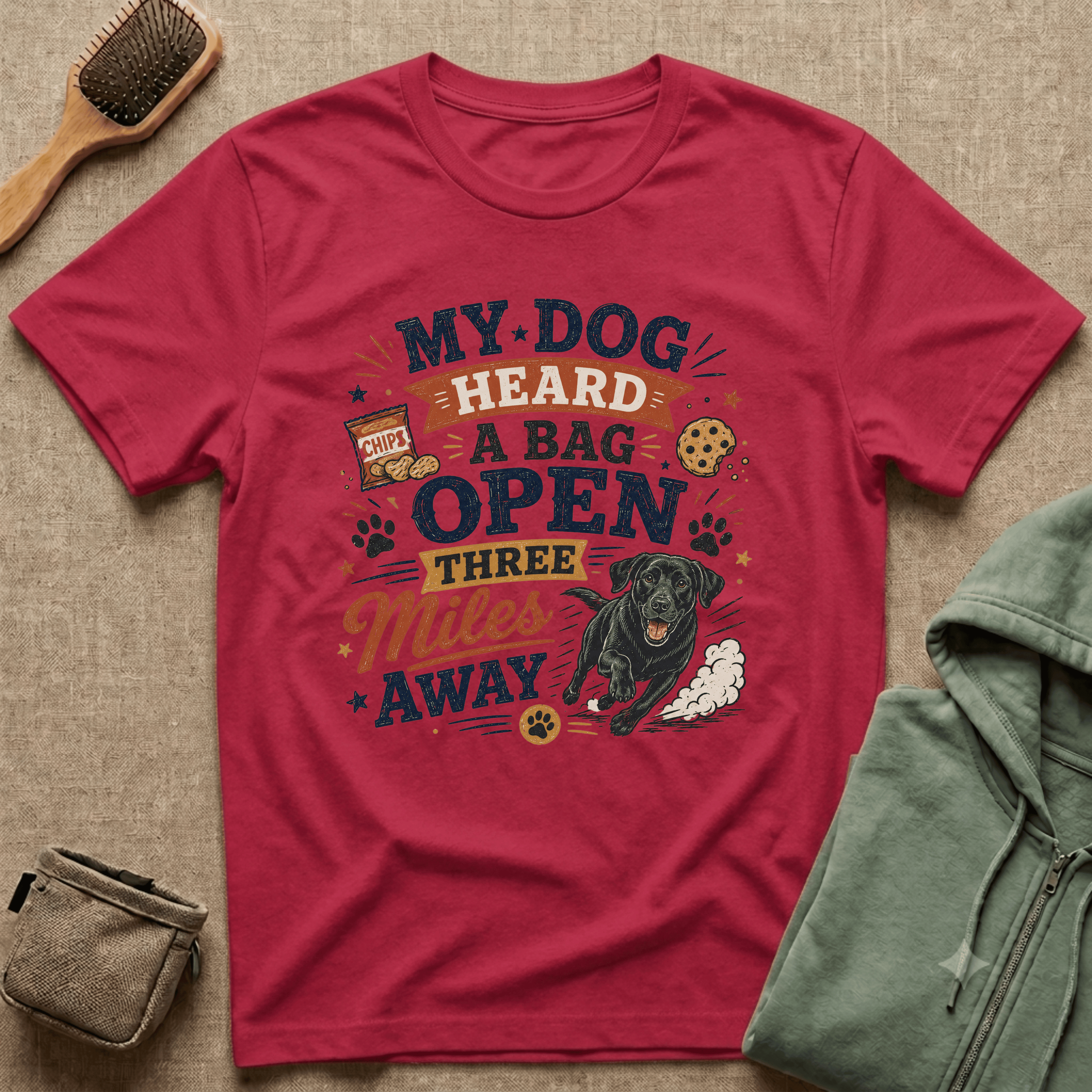 Dog Lover T-Shirt — "My Dog Heard A Bag Open Three Miles Away" Funny Pet Tee