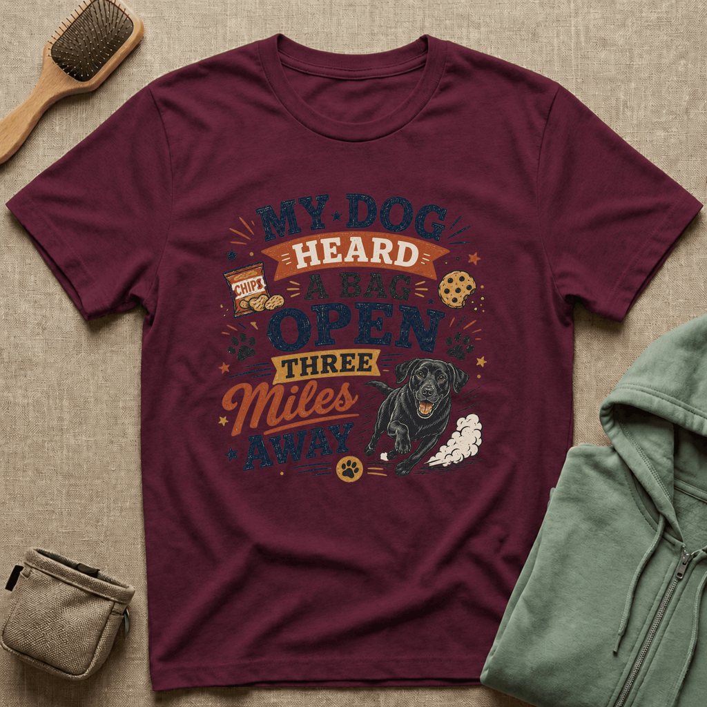 Dog Lover T-Shirt — "My Dog Heard A Bag Open Three Miles Away" Funny Pet Tee
