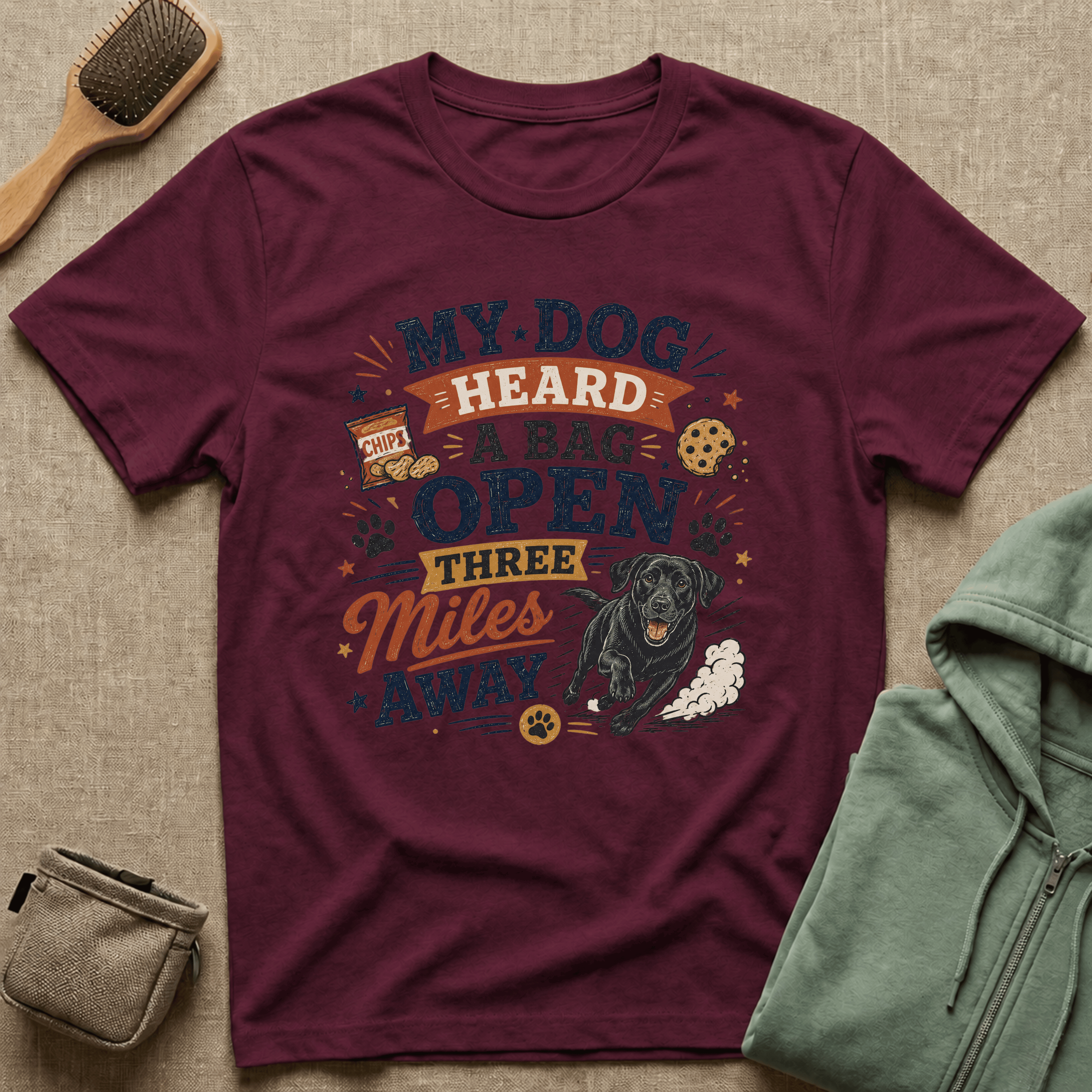 Dog Lover T-Shirt — "My Dog Heard A Bag Open Three Miles Away" Funny Pet Tee