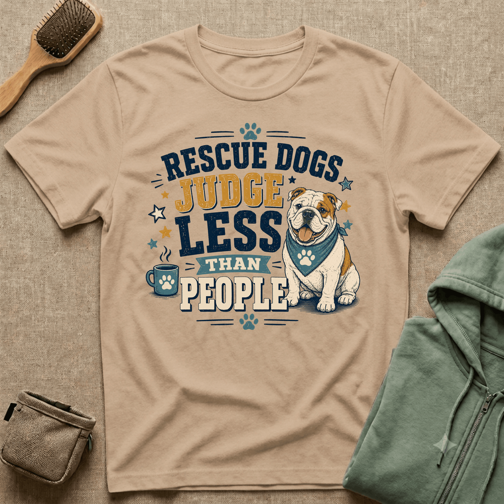 Rescue Dogs Judge Less Than People T-Shirt — Cute Bull Dog Rescue Tee