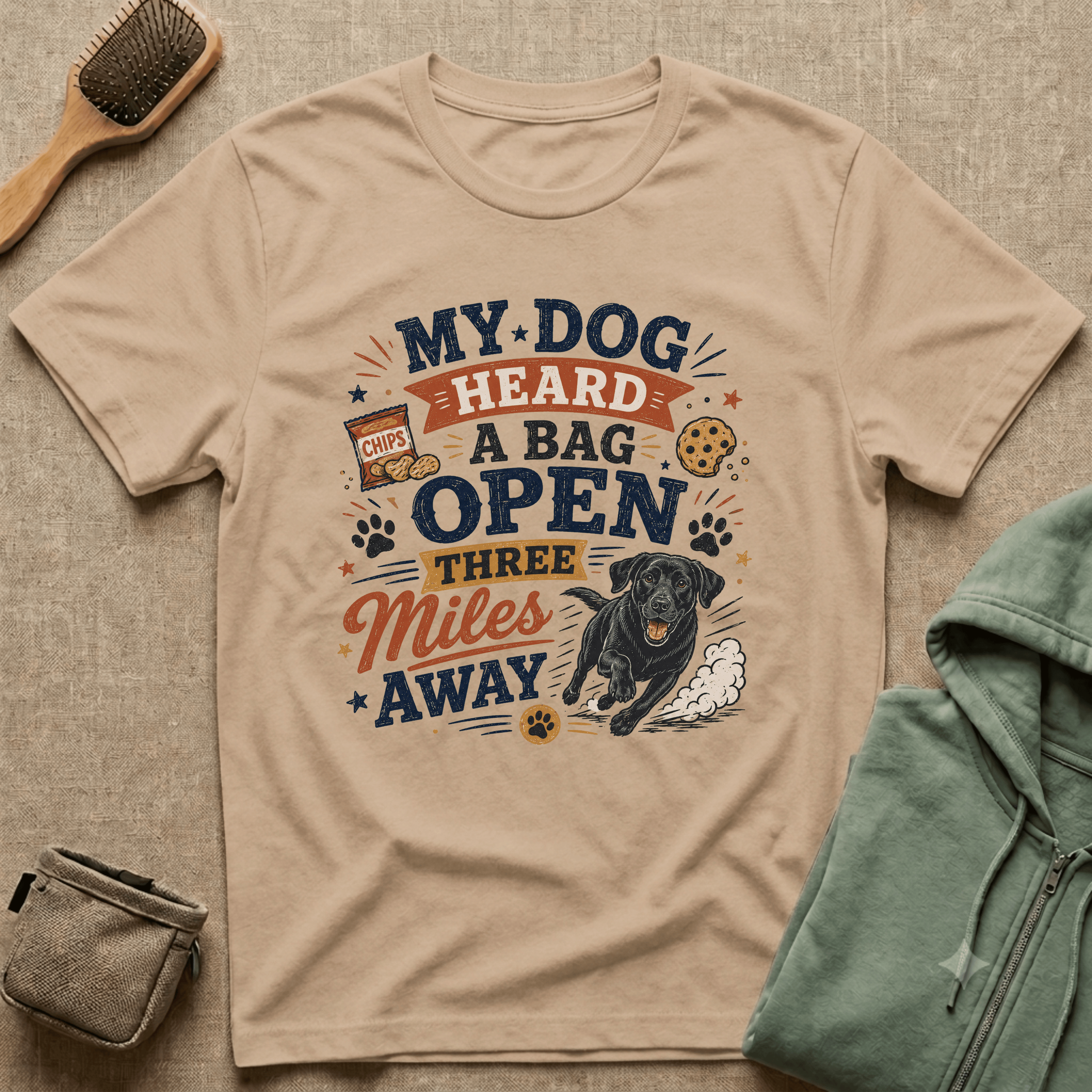 Dog Lover T-Shirt — "My Dog Heard A Bag Open Three Miles Away" Funny Pet Tee